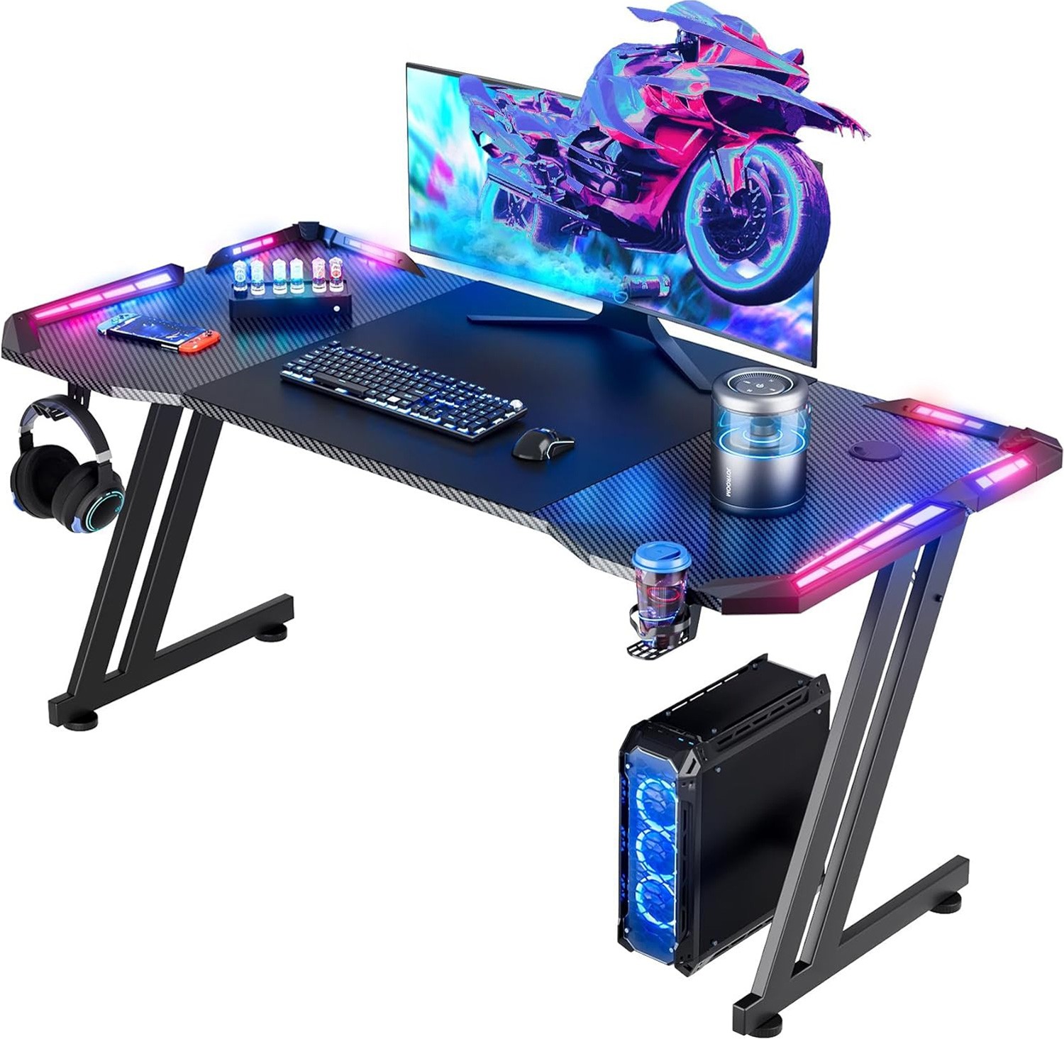 Gaming Desk with RGB LED Lights, Computer Desk with Headphone Hook & Cup Holder