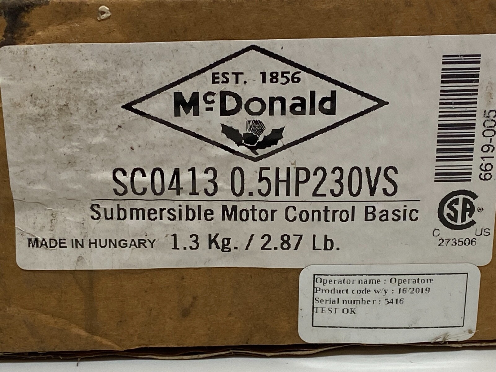 McDonald Submersible Motor Control Basic SC0413 0.5HP230VS NOS GB
