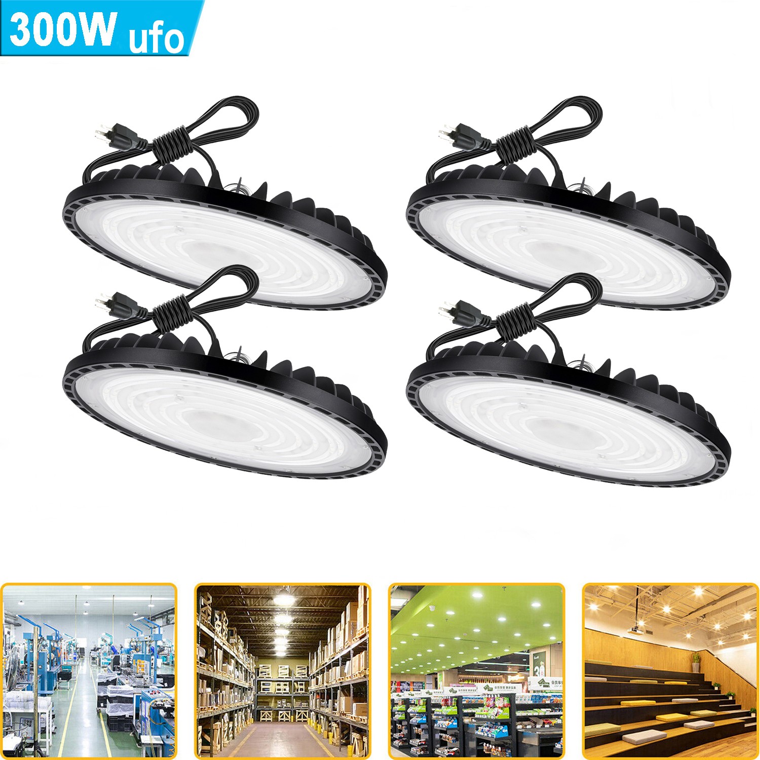 4Pack 300W Led UFO High Bay Light Commercial Industrial Warehouse Gym Shop Light