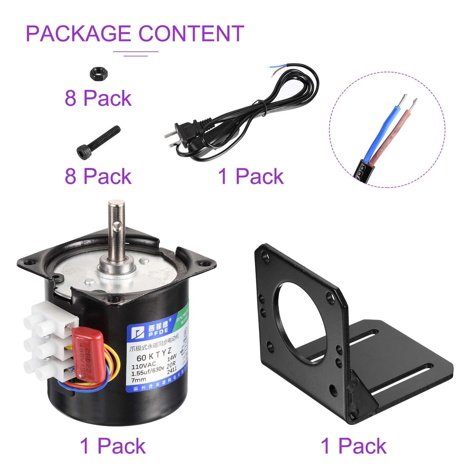 Synchronous Motor With Motor Bracket And Power Cord 60KTYZ AC110V 20RPM 75N.CM