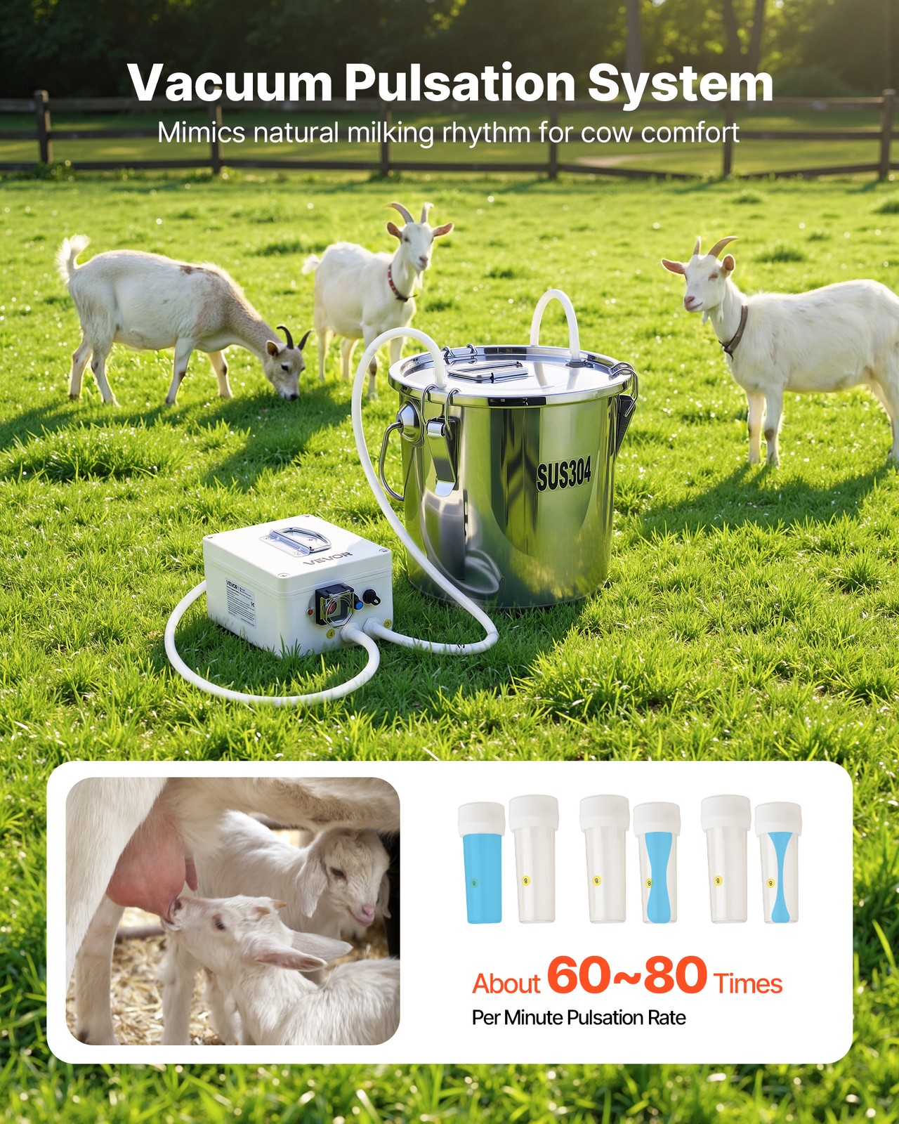 VEVOR Goat Milking Machine Goat Milker 0.8 Gal / 3 L Bucket Battery for Goats