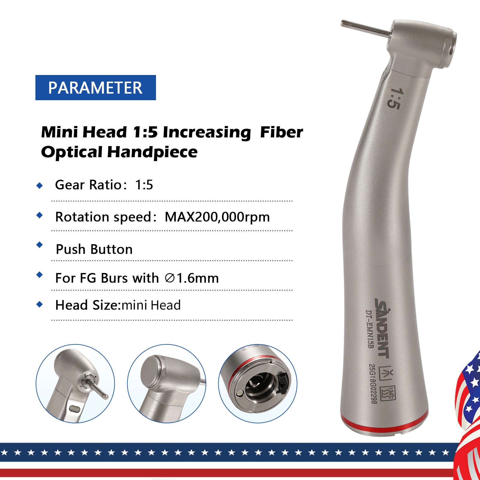 DT Dental 1:5 Mini Head Fiber Optic Contra Angle Handpiece LED Stainless Steel