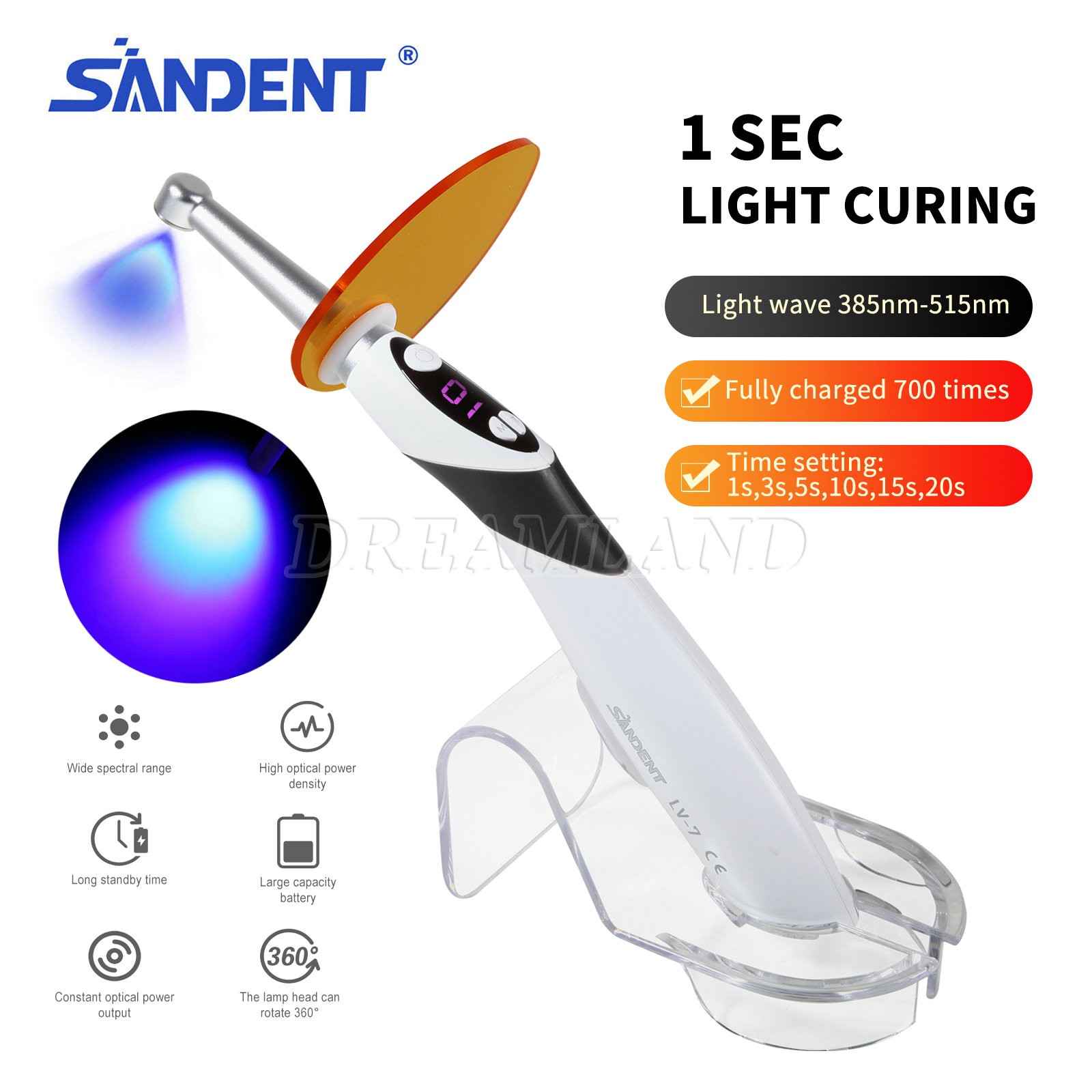 NEW 1S LED Dental Curing Light Lamp Cordless metal head 2300mw/cm2 black