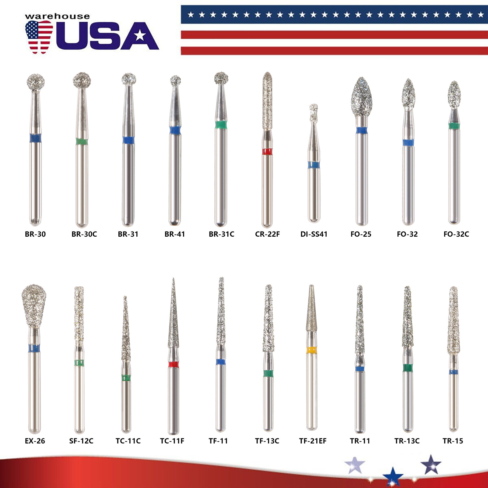 100pcs Dental Diamond Burs Set for High Speed Handpiece Medium FG 1.6mm