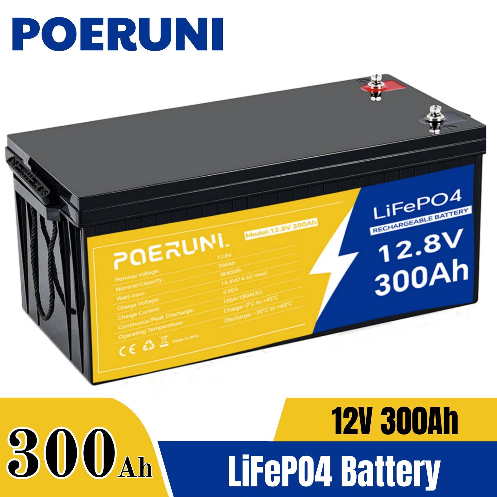 12V LiFePO4 Lithium Battery 12V 300Ah Deep Cycle BMS for RV Off-grid Marine