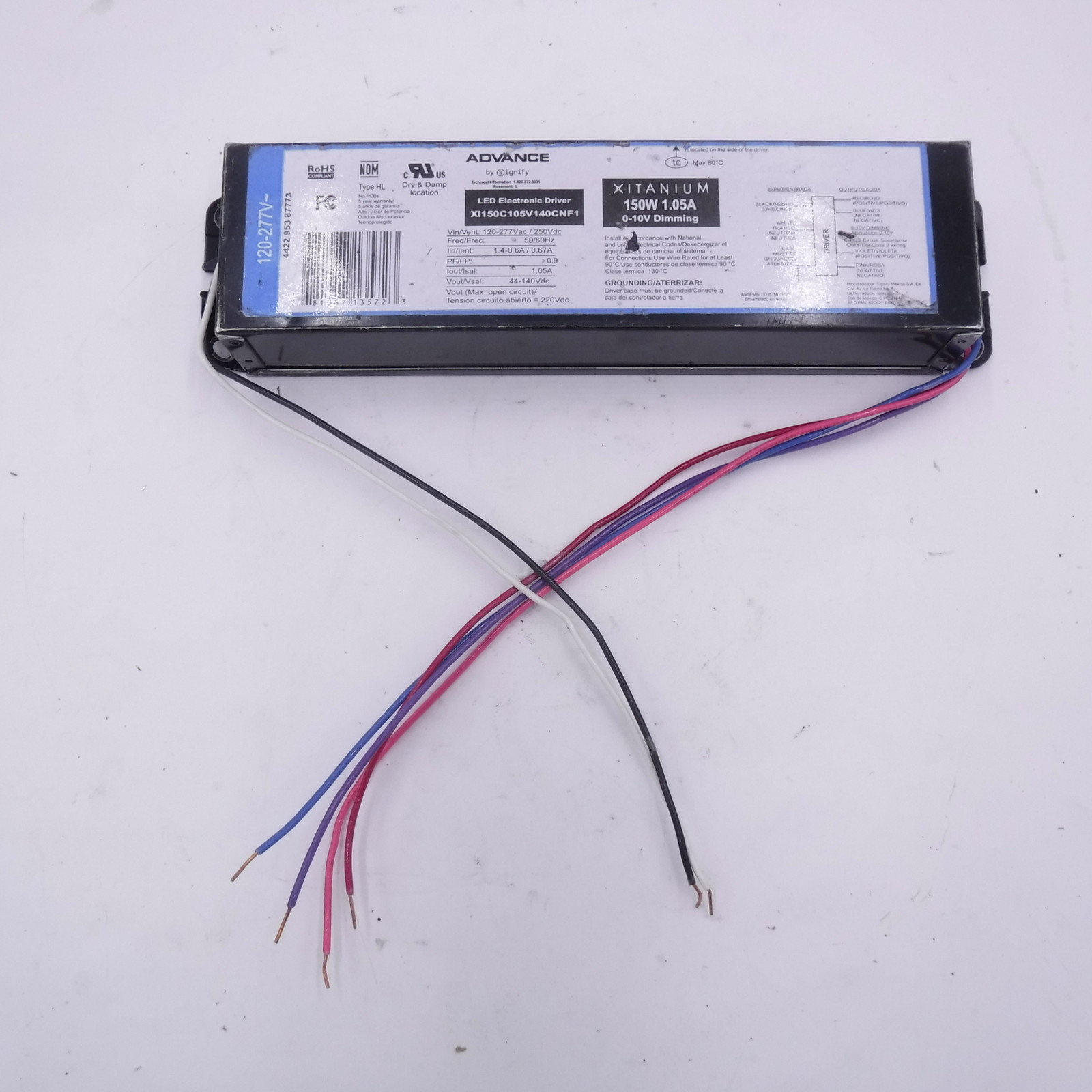 Philips Advance 100-277VAC 44-140VDC 150W LED Driver XI150C105V140CNF1M