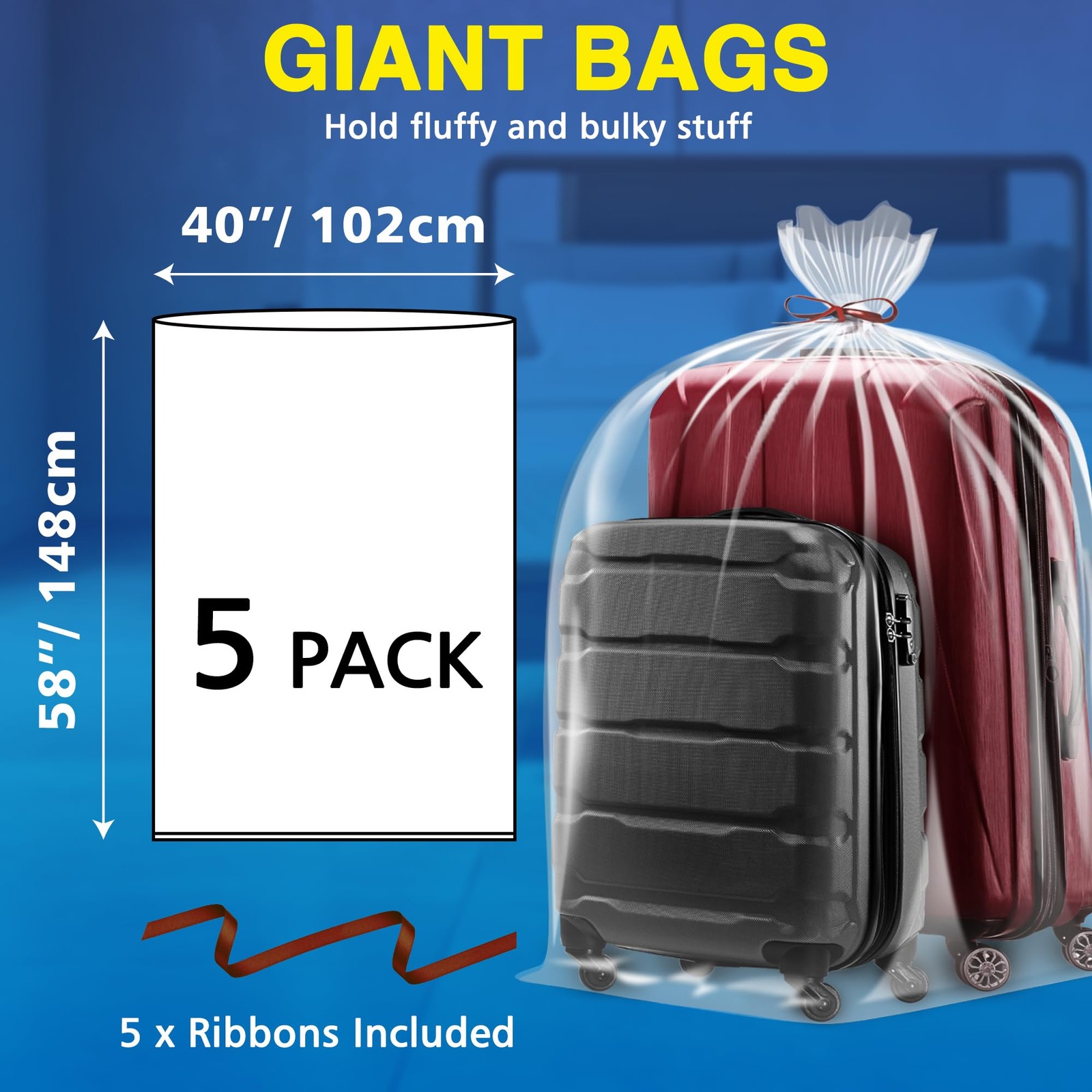 5 Pack 40” x 58” Extra Large Clear Plastic furniture Bags, 2 Mil Storage Ba…