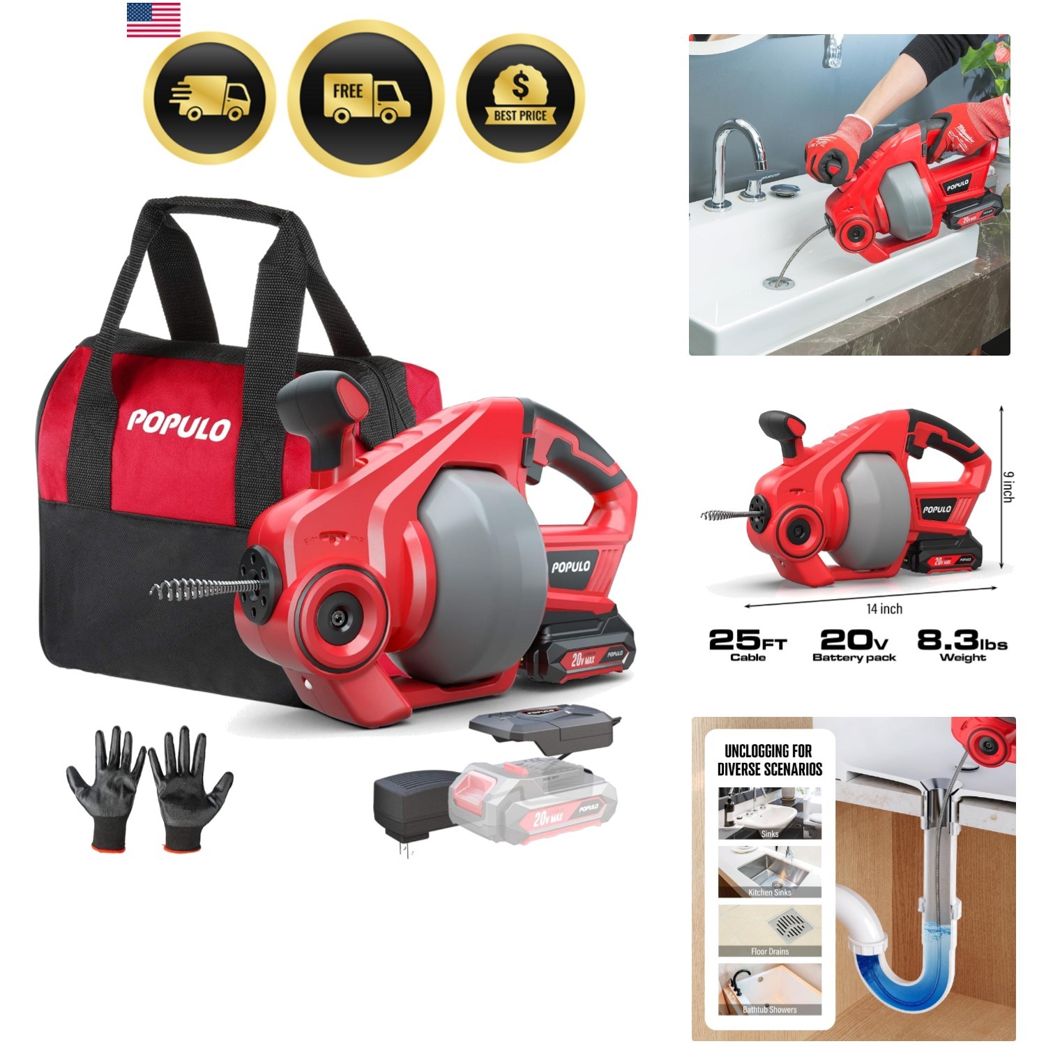20V Cordless Electric Drain Auger-Efficient 25Ft Auto-Feed Drain Snake with R…