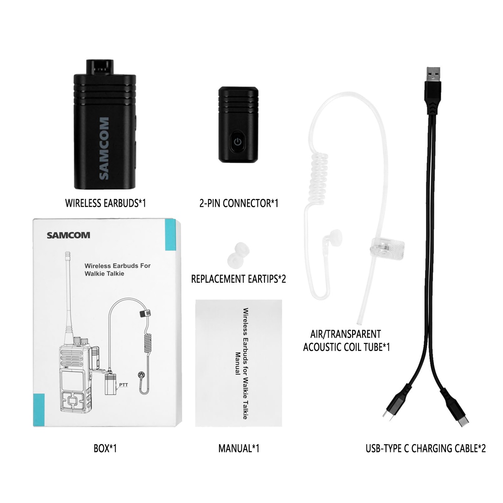 SAMCOM BTEAR01 Wireless Earpiece with Clear Airtube Tube 2 Pin Dongle Black