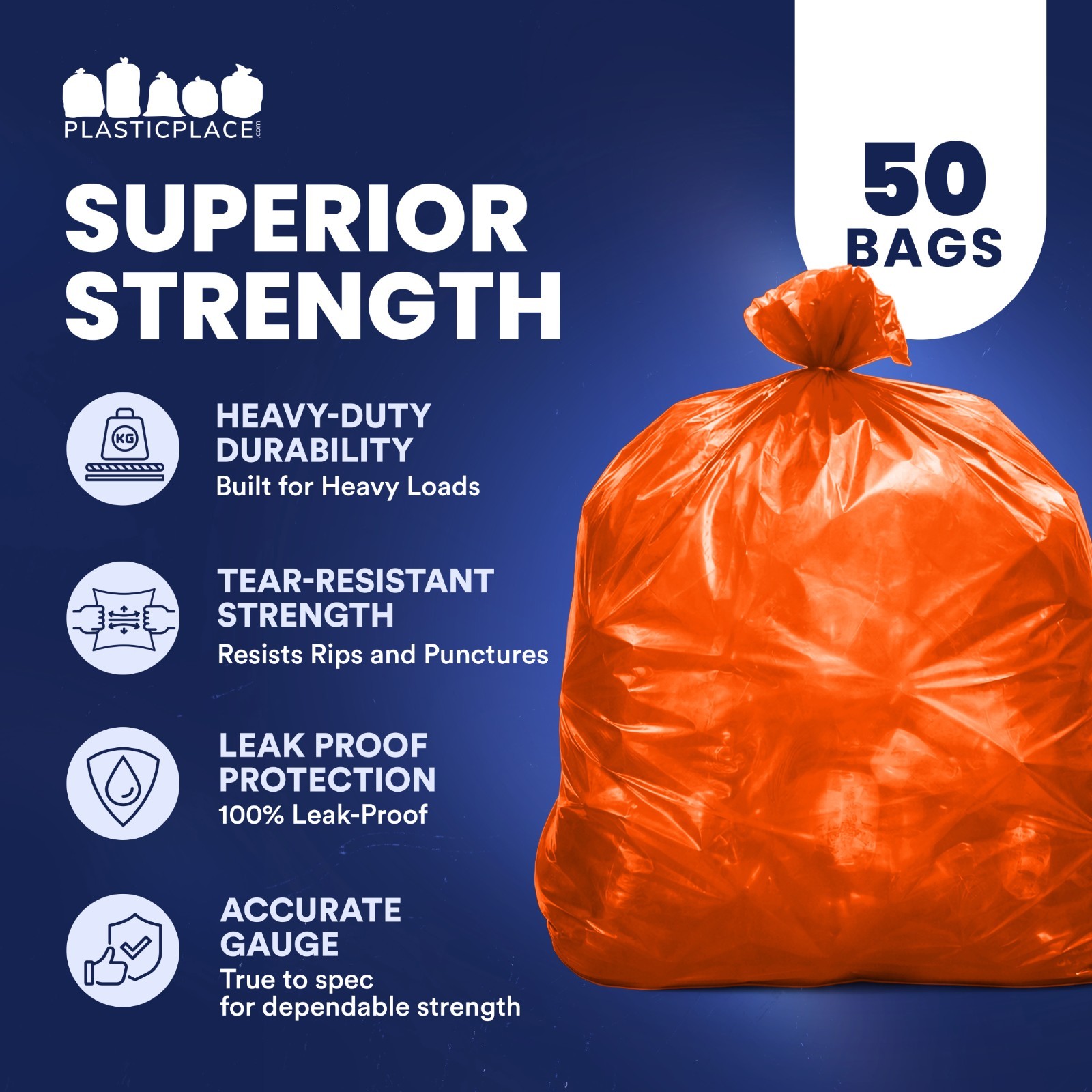 Plasticplace 55-60 Gallon Trash Bags, Orange, 1.2 Mil, 50 Count