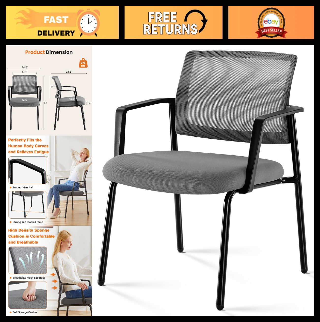 Stackable Reception Chairs with Mesh Back & Upholstered Cushion, Metal Frame, Gr