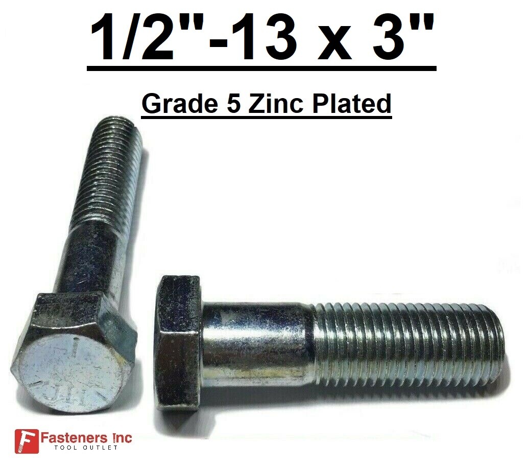 1/2-13 x 3″ Hex Bolt Zinc Plated Grade 5 Cap Screw Coarse Partial Thread