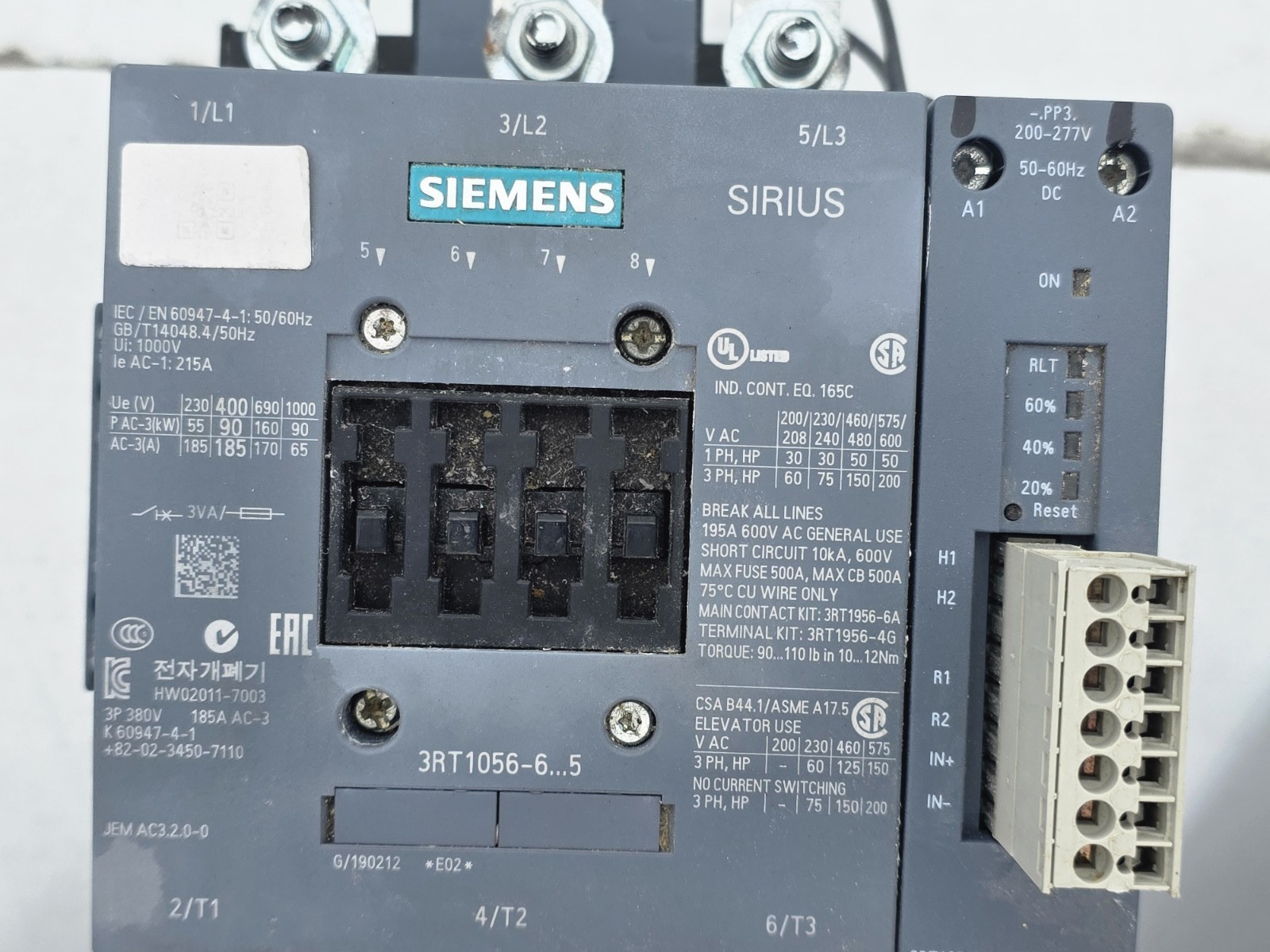 Siemens SIRIUS Power Contactor 3-Pole 185A AC-3 200-277V Coil 2NO/2NC
