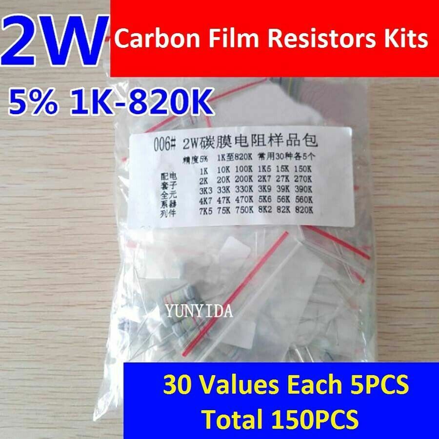 1Set 2W Carbon Film Resistors Kits ±5% (1KΩ to 820KΩ) -30 Values Each 5PCS