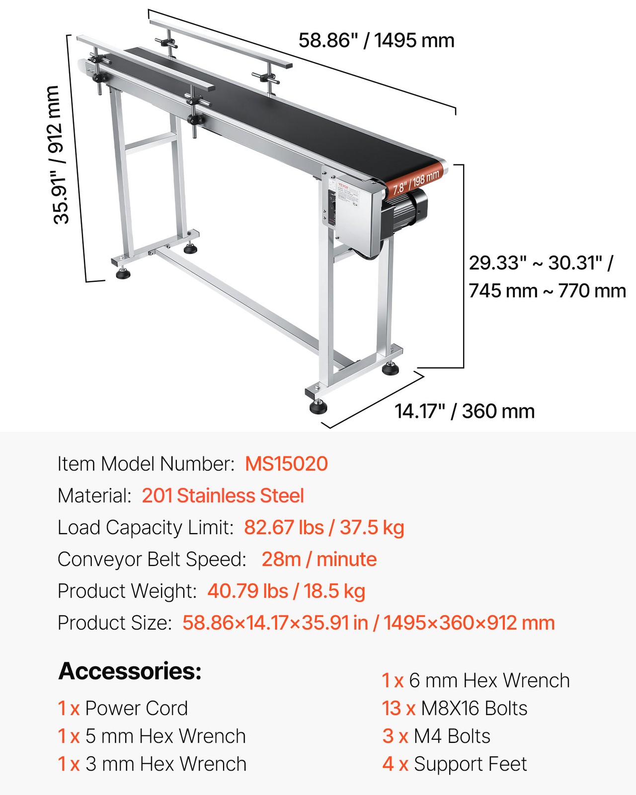 VEVOR Belt Conveyor PVC Stainless Steel Belt Conveyor 59″x7.8″ Double Guardrail