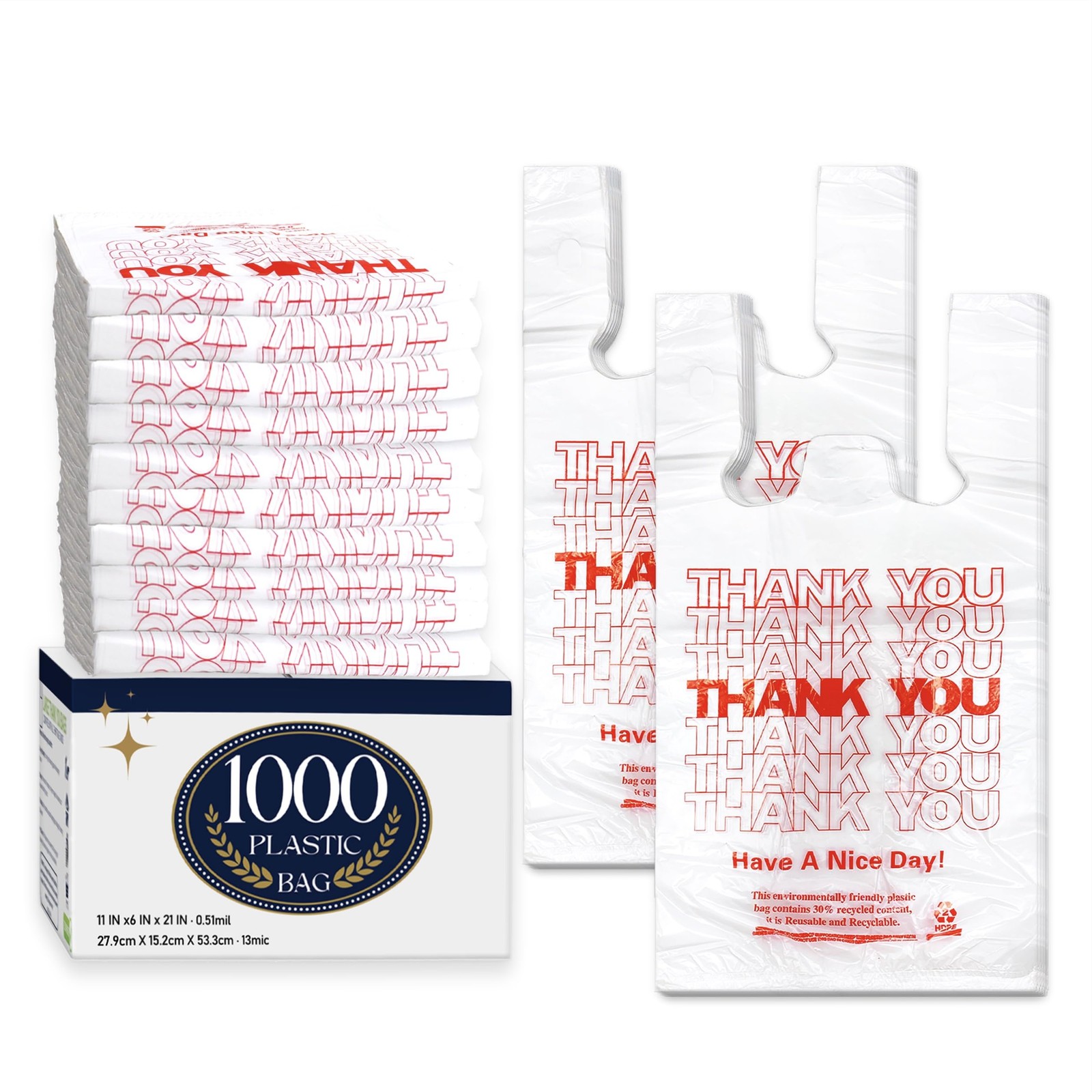 YoYoRain 1000 Pack White Thank You T-Shirt Bags with Handles, 11″x6″x21″ Plas…