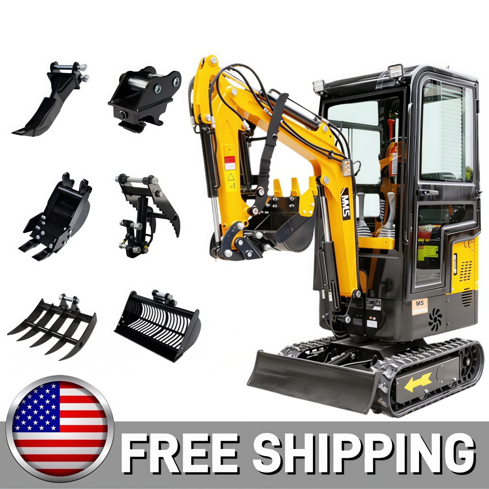 MMS 1.2Ton Enclosed Cab Mini Excavator 13.5HP Gas EPA Engine With 6 Attachments