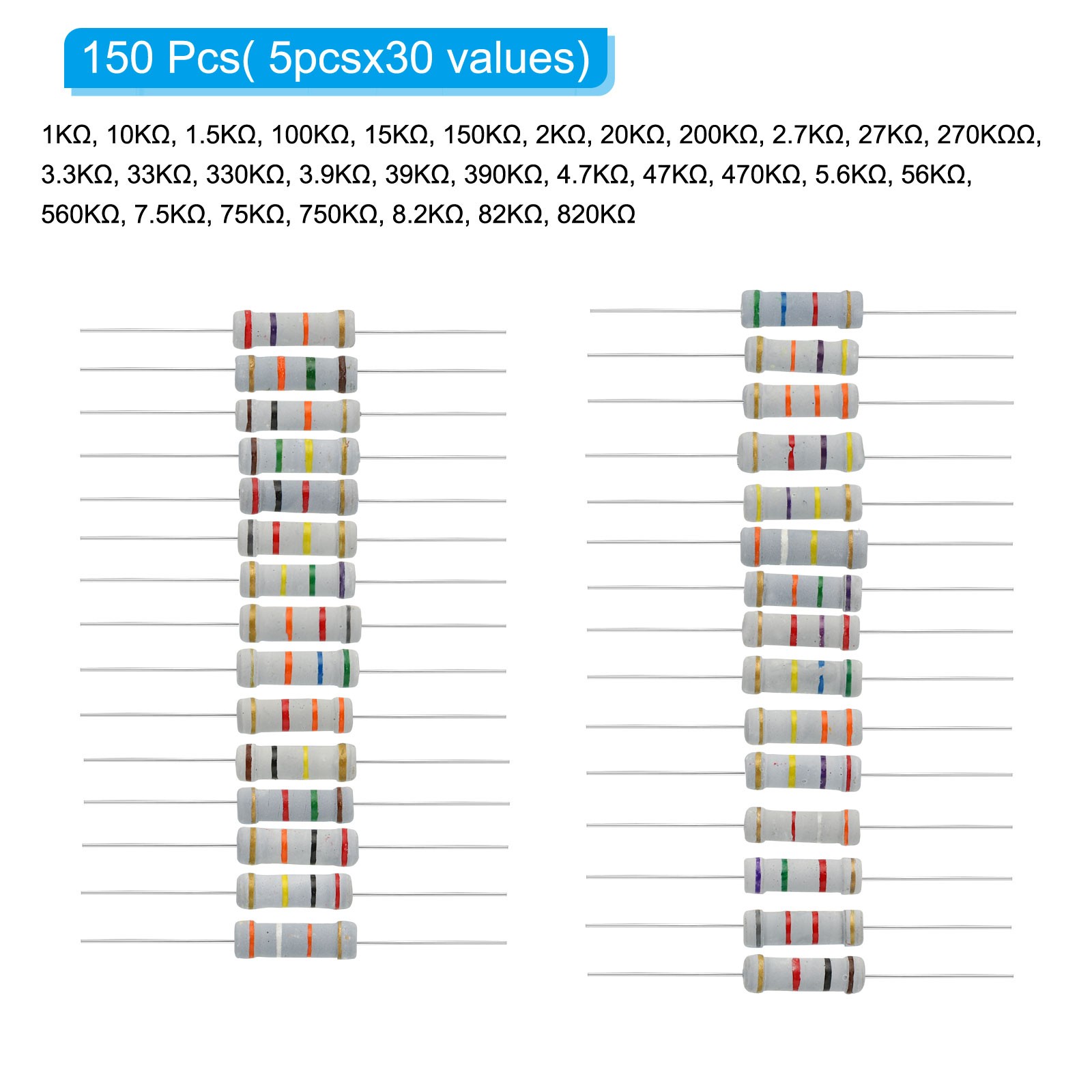 150Pcs 2W 1K-820K Ohm 5% Tolerance Carbon Film Resistor Assortment 30 Values,