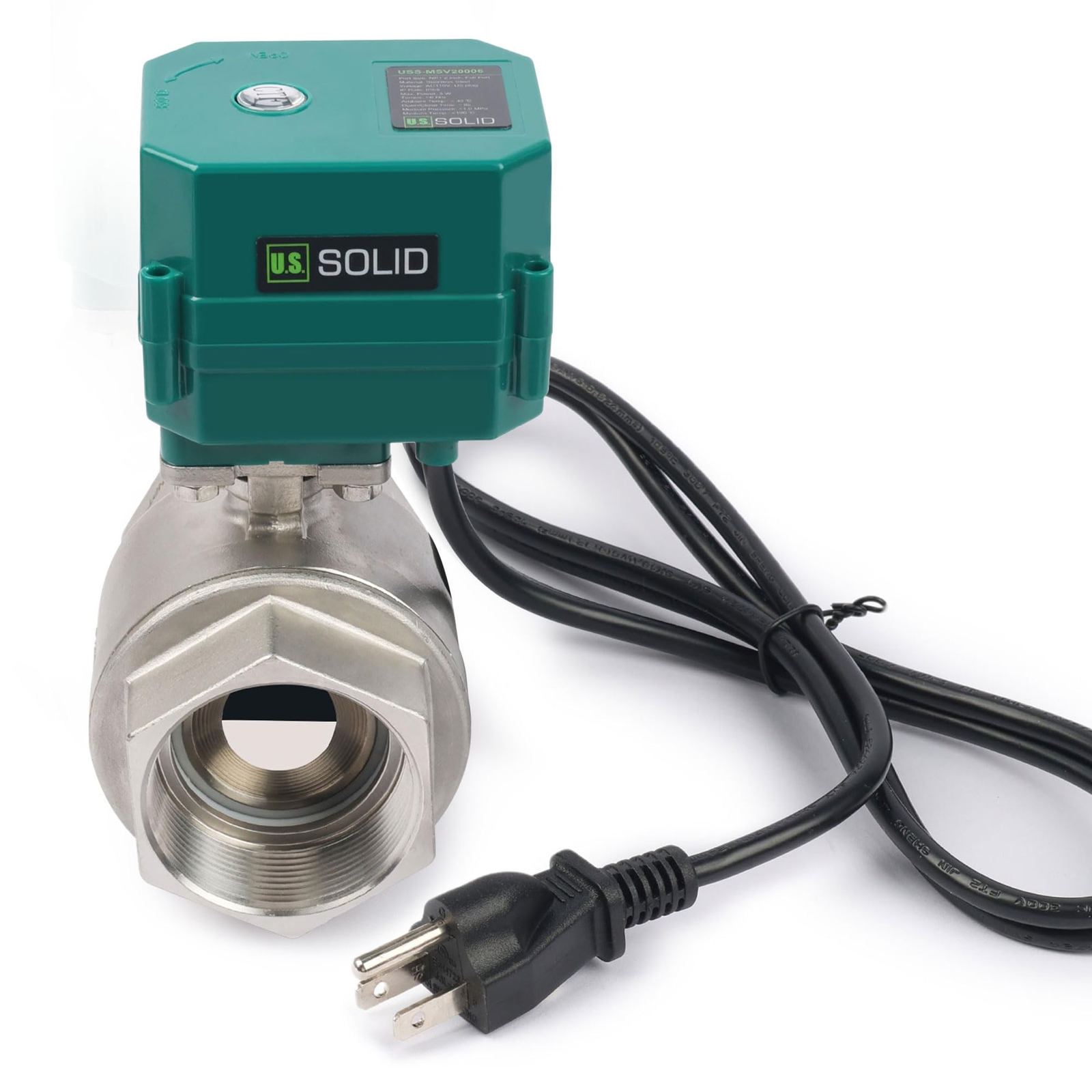 U. S. Solid Motorized Ball Valve w/ US Plug 2in SS AC 110V NC Green Casing