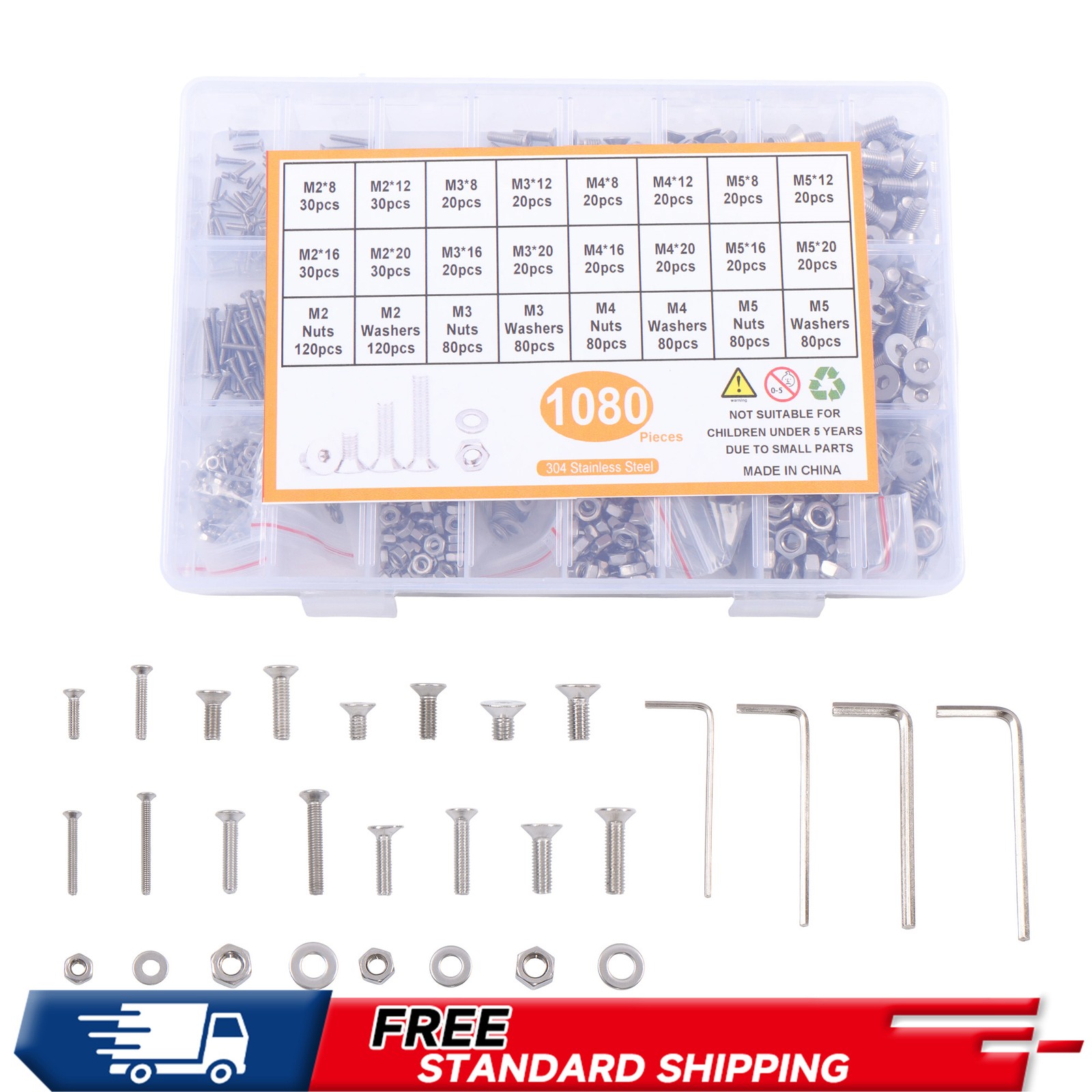 1080Pcs M2 M3 M4 M5 Screw Assortment Metric Flat Countersunk Head Hex Socket