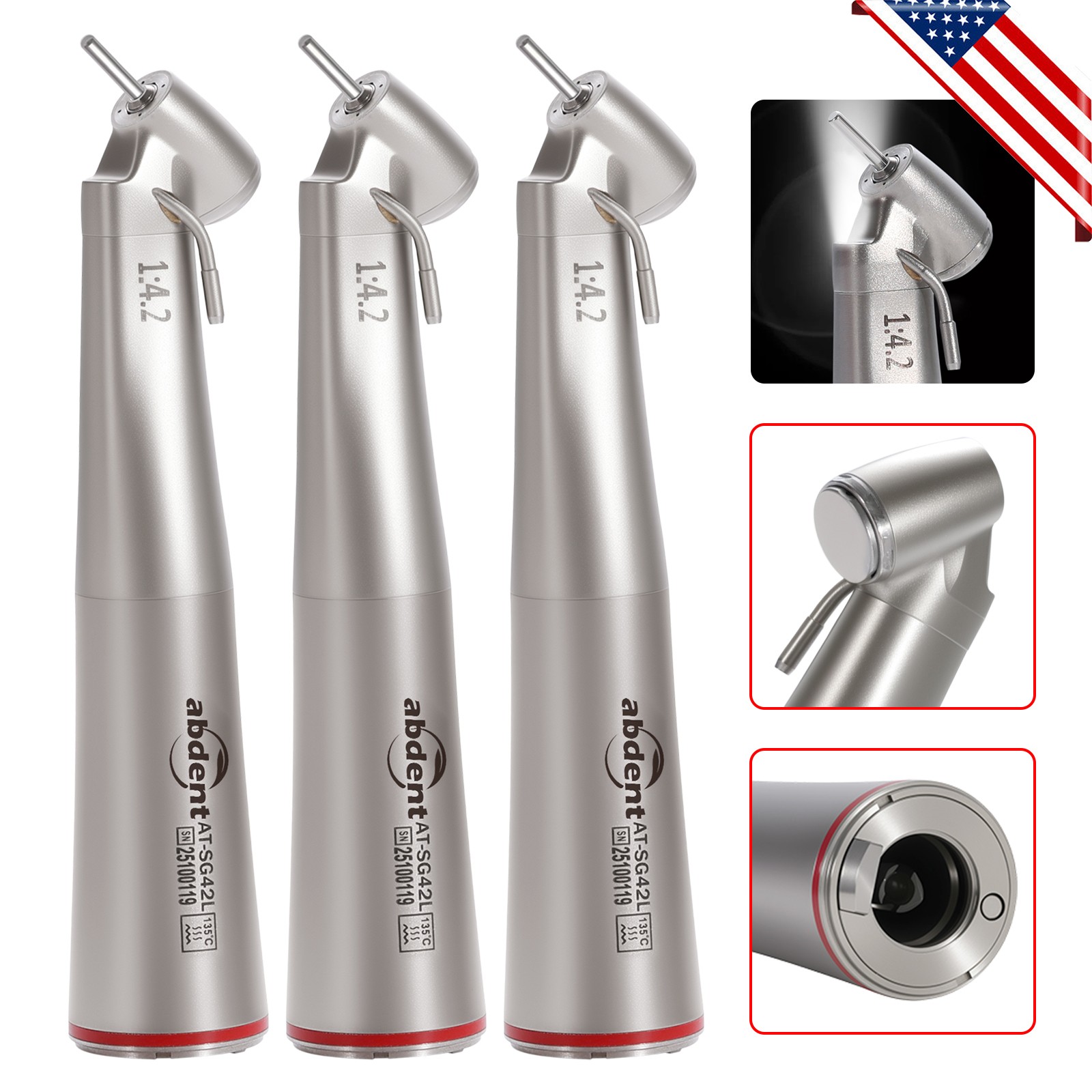 3 PCS Dental 1:4.2 LED 45°Angle Head Contra Angle Handpiece External Water