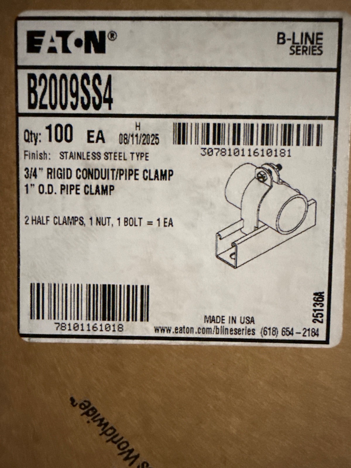 Box Of 100 Eaton B2009SS4 stainless steel Rigid Conduit/pipe Clamp 3/4in