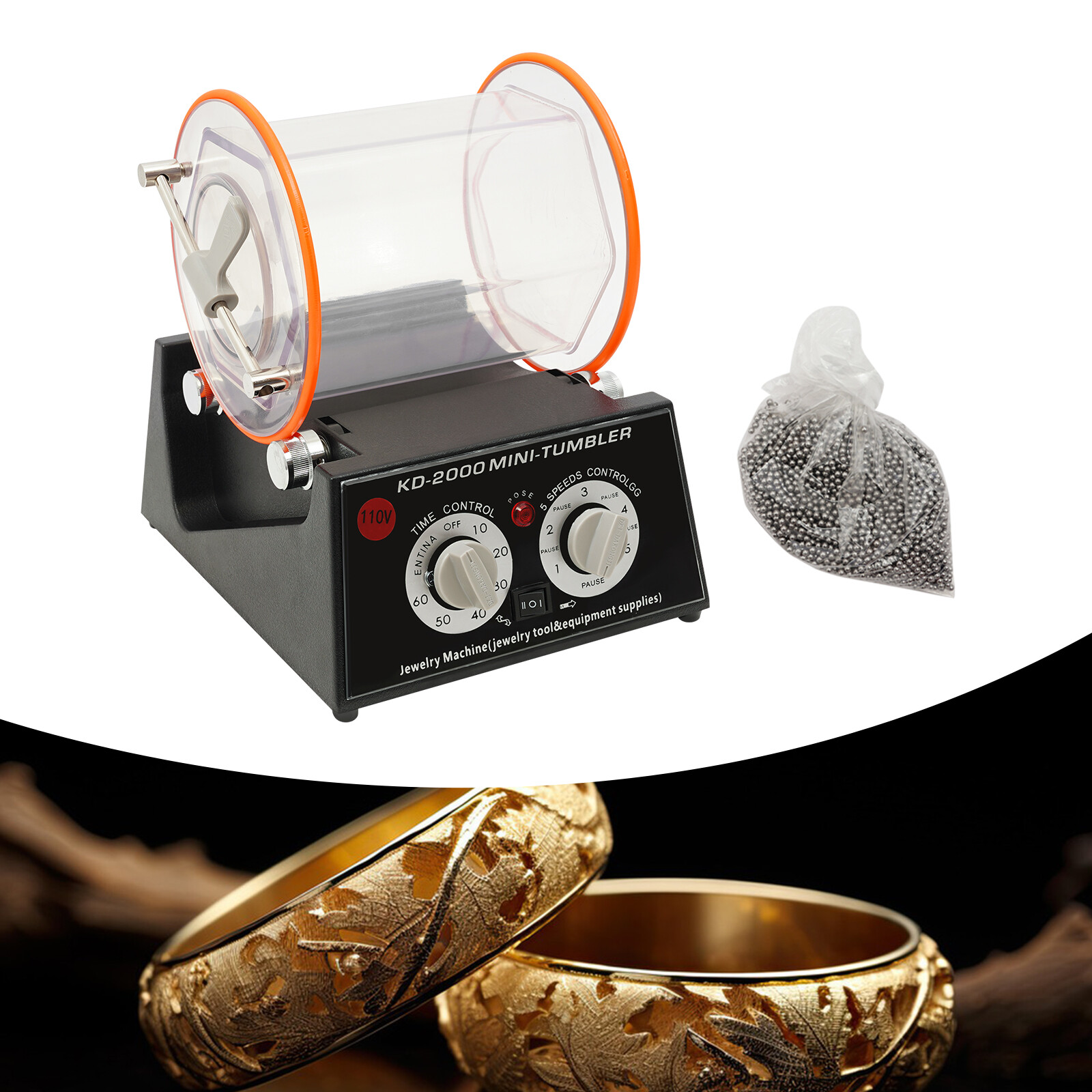 Jewelry Polishing Machine 60W Tumbler 500-3000 RPM Timer Adjustable Speed