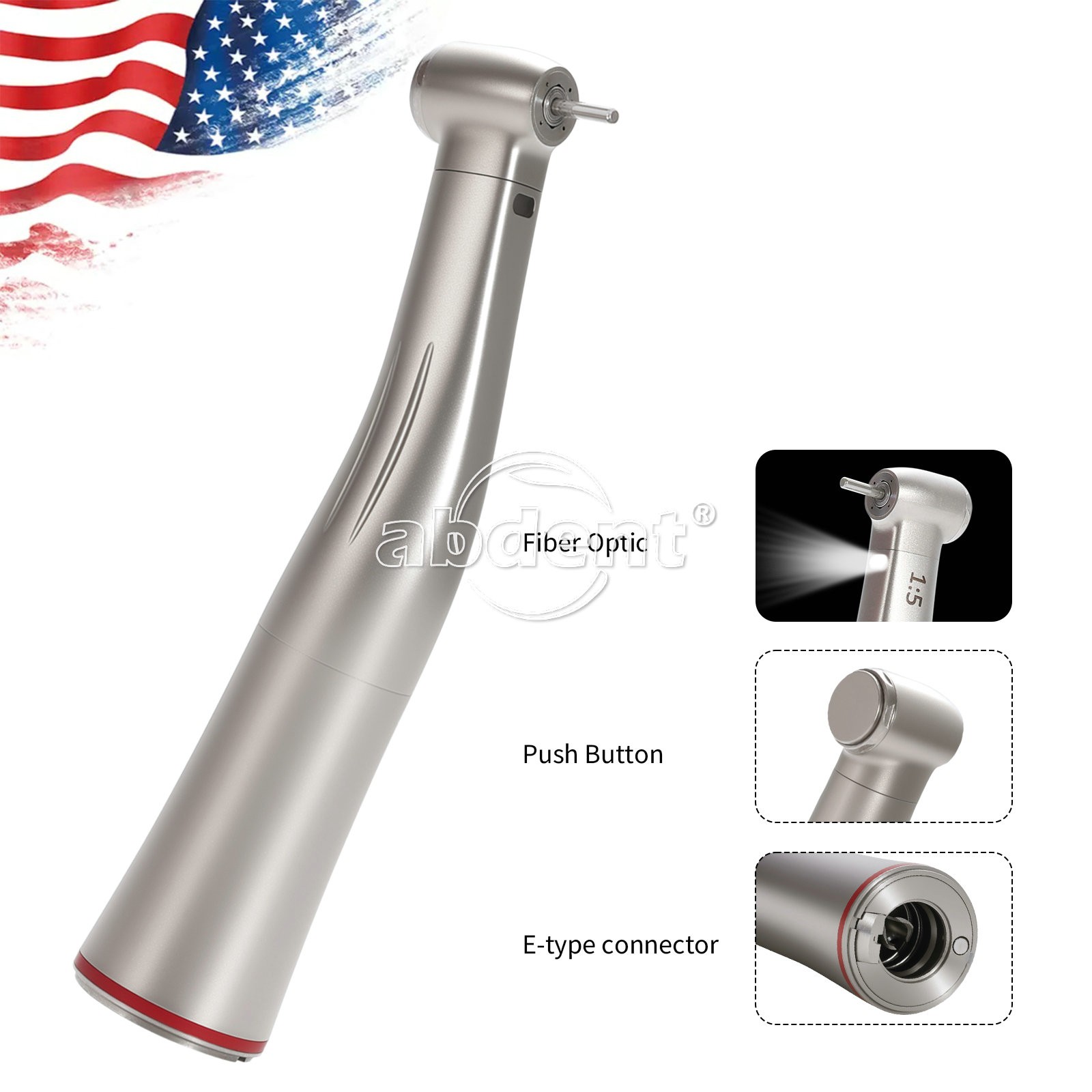 AbDent 1:5 Electric Fiber Optic LED Contra Angle Handpiece Red Ring USPS
