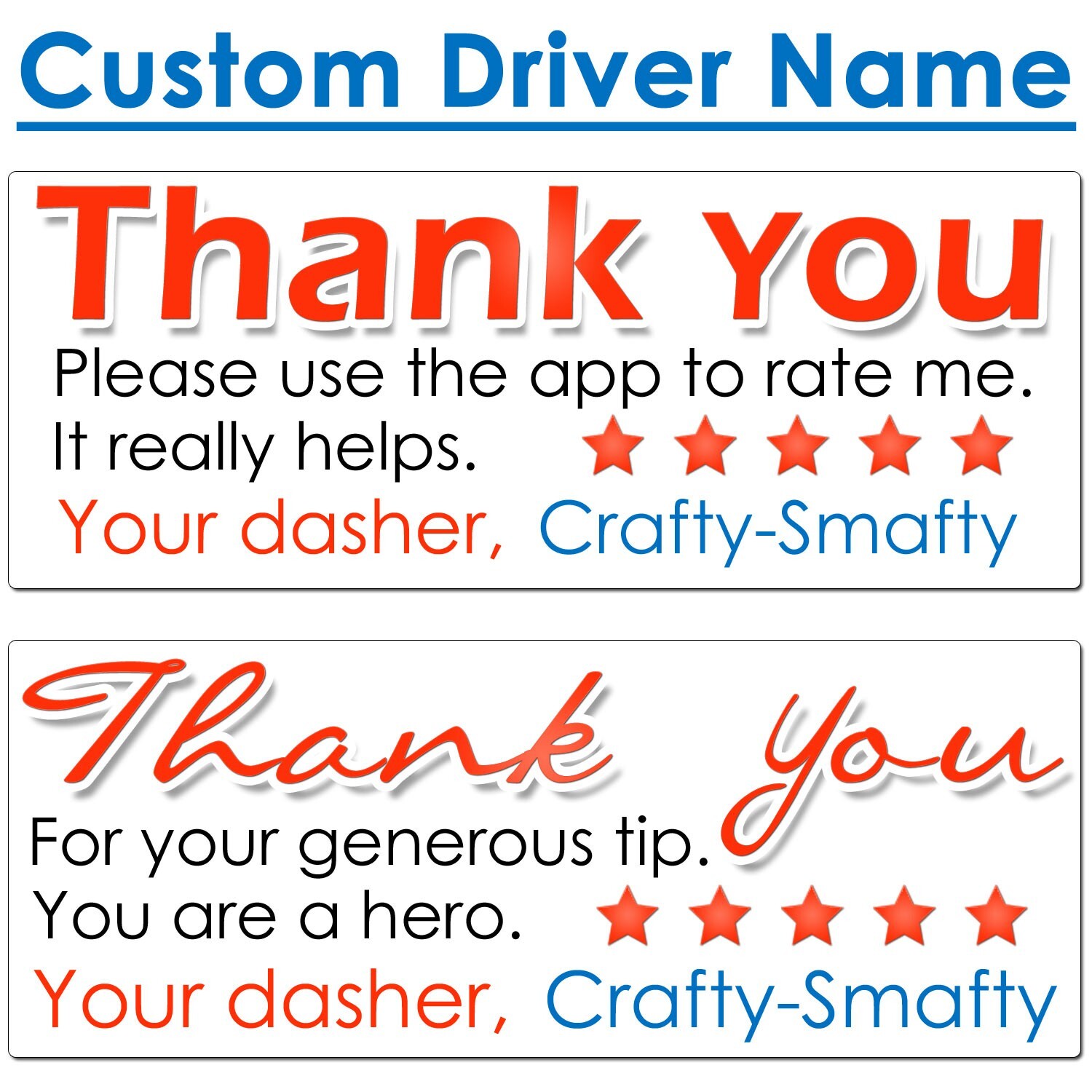 for DoorDash Thank You Stickers Driver CUSTOM NAME Increase Ratings and Tips
