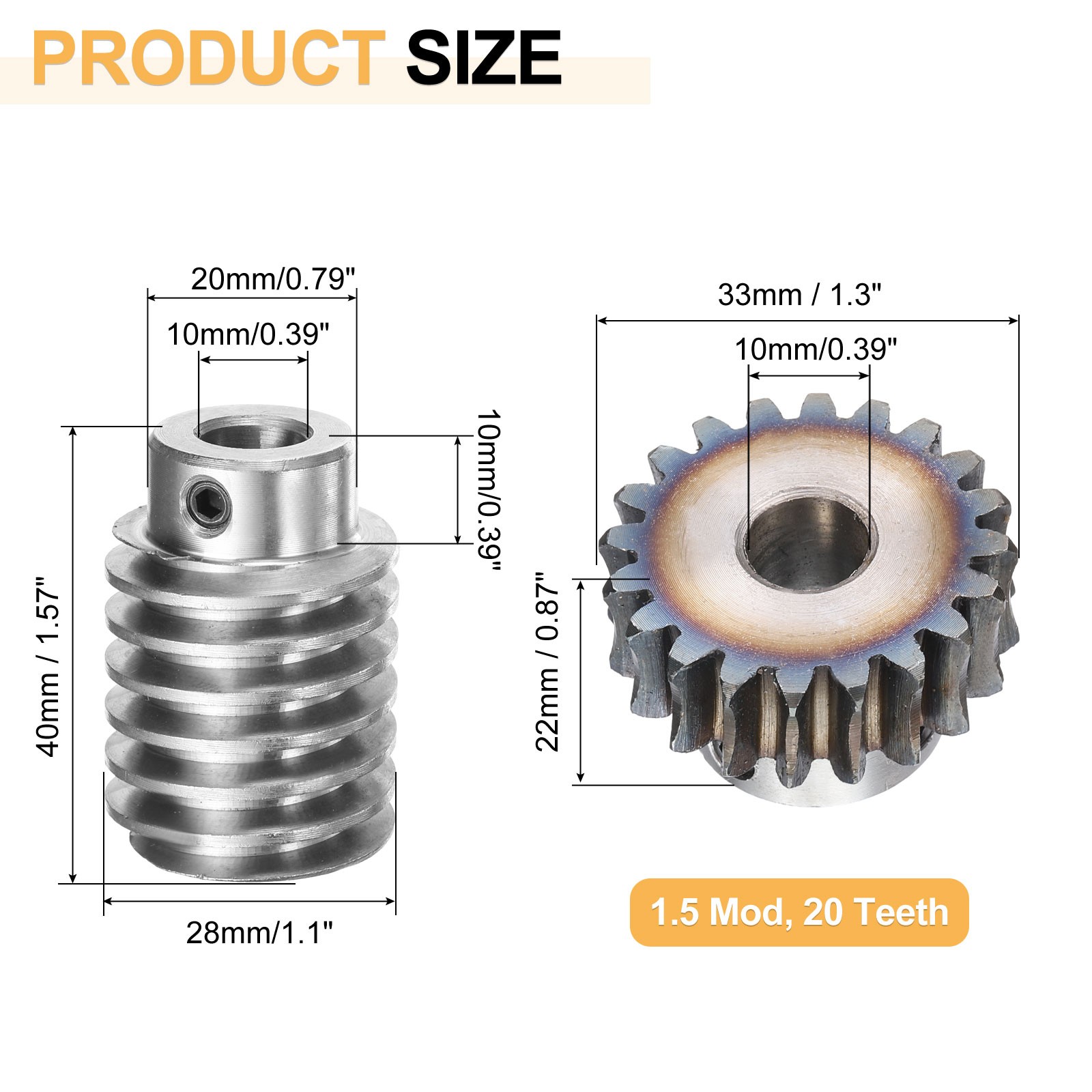 Worm Gear Set 1.5 Module 20:1 Reduction Rate Gear-10mm ID 33mm OD Rod 10mm Bore