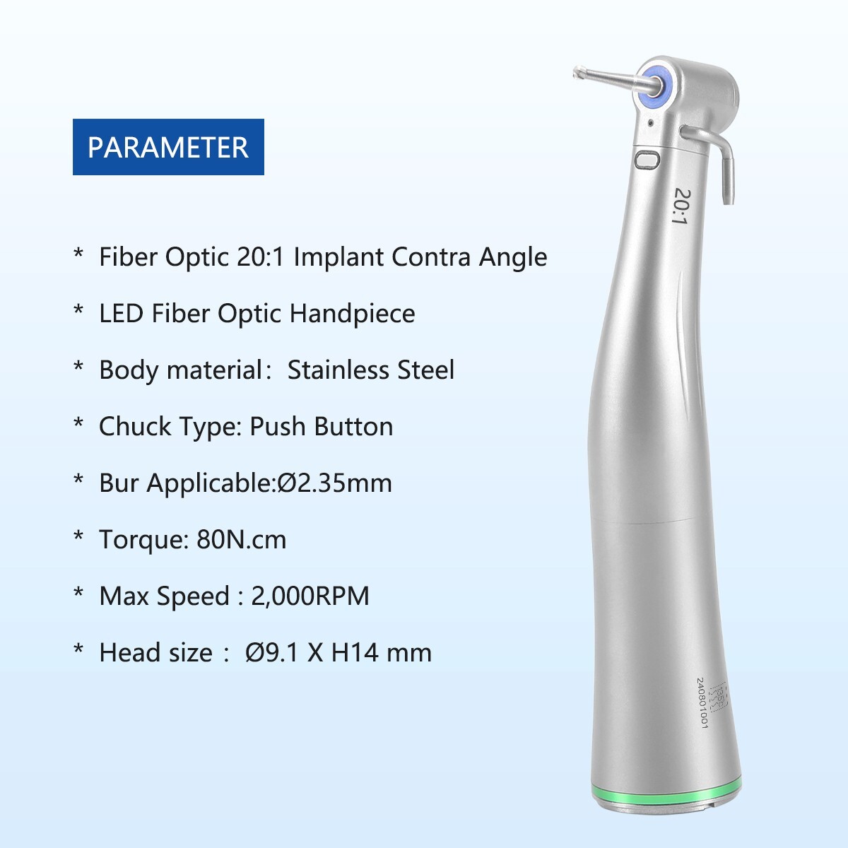 Dental Surgical LED Fiber Optic Implant Handpiece 20:1 Reduction Contra Angle