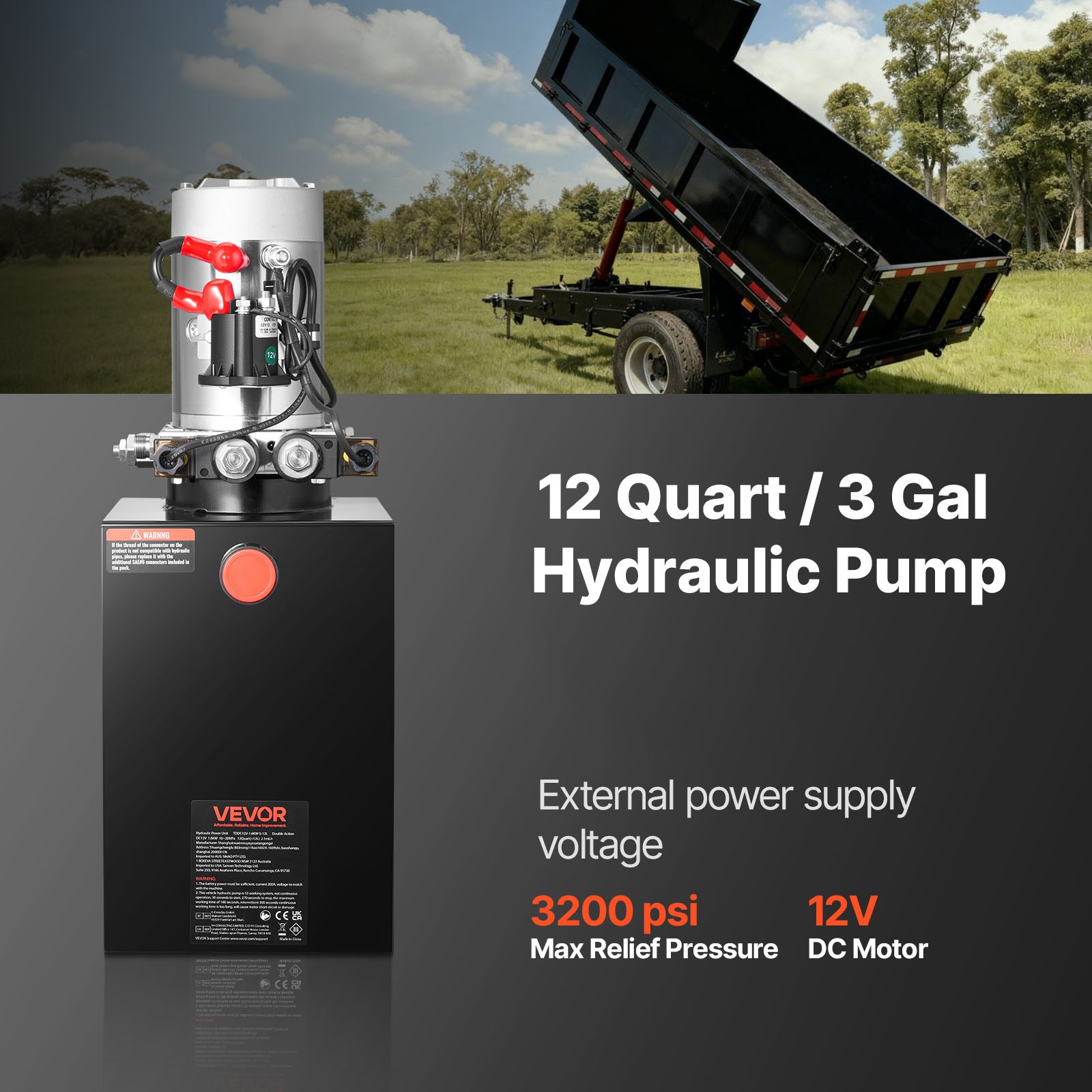 VEVOR 12 Quart Hydraulic Power Unit DC 12V Double Acting Hydraulic Pump