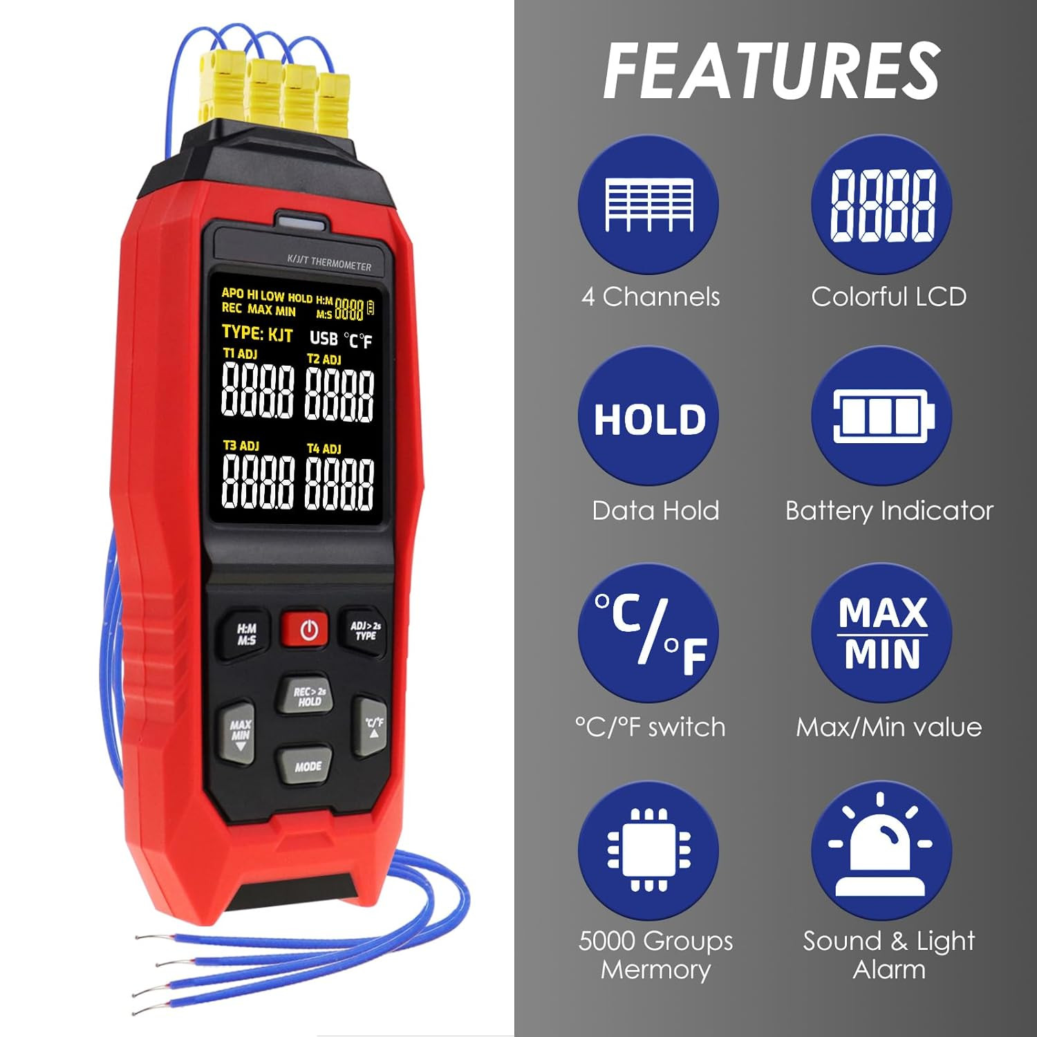 Thermocouple Thermometer Temperature Data Logger 4-Channel K/J/T Type Thermomete
