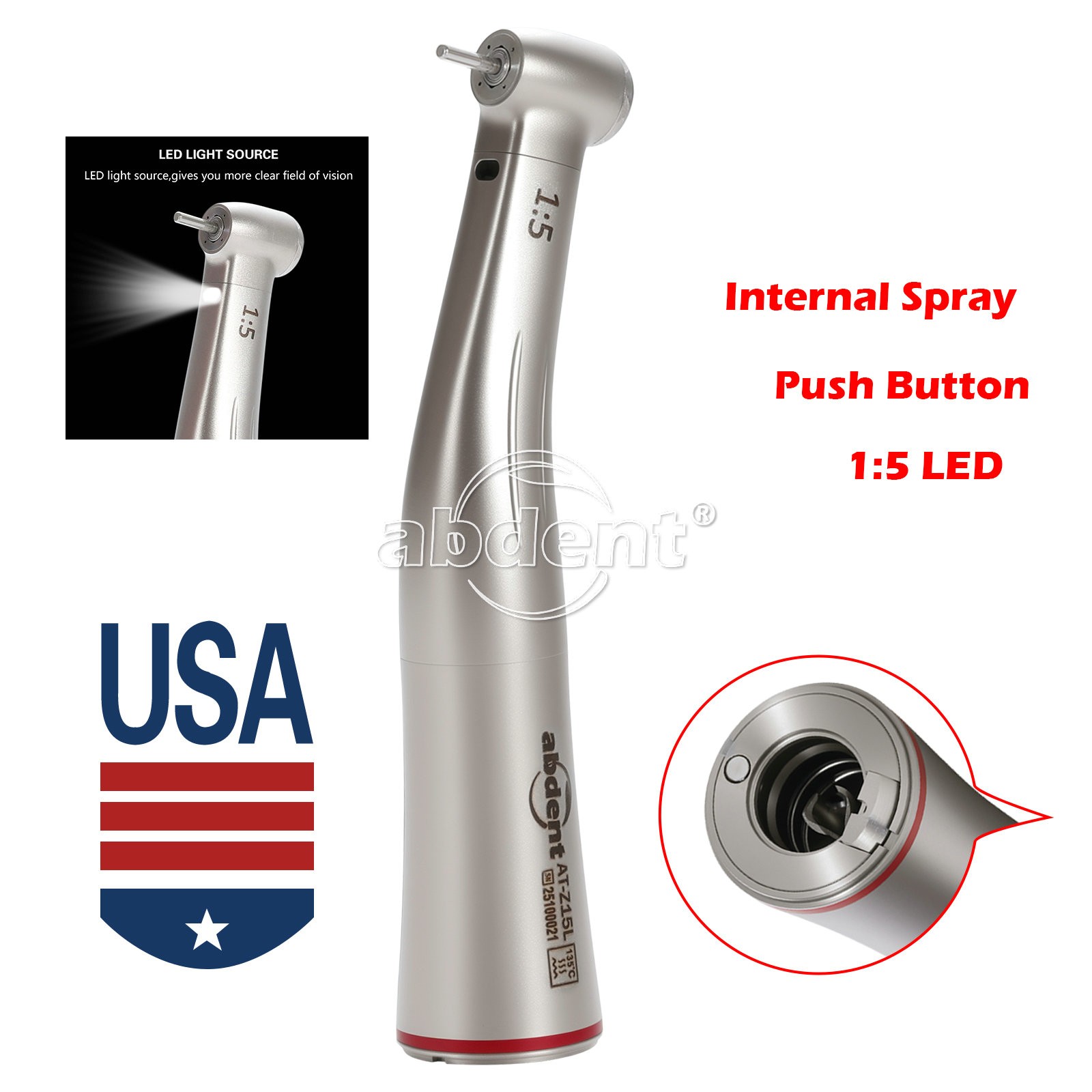 Light AbDent 1:5 Increasing Contra Angle Optic LED Handpiece Standard Head