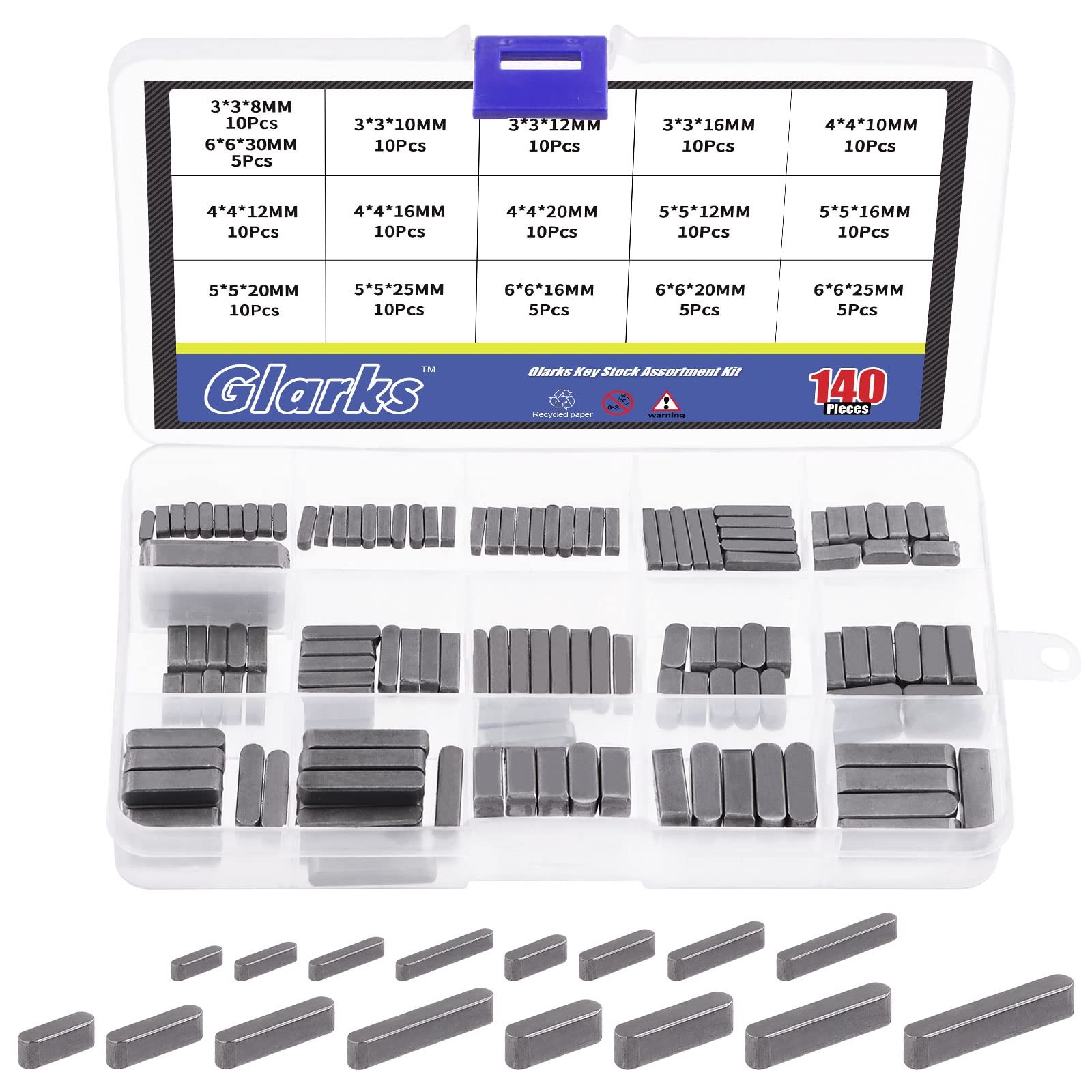 140Pcs 16 Sizes Key Stock Keystock Assortment Kit 8mm 10mm 12mm 16mm 20mm 25m…