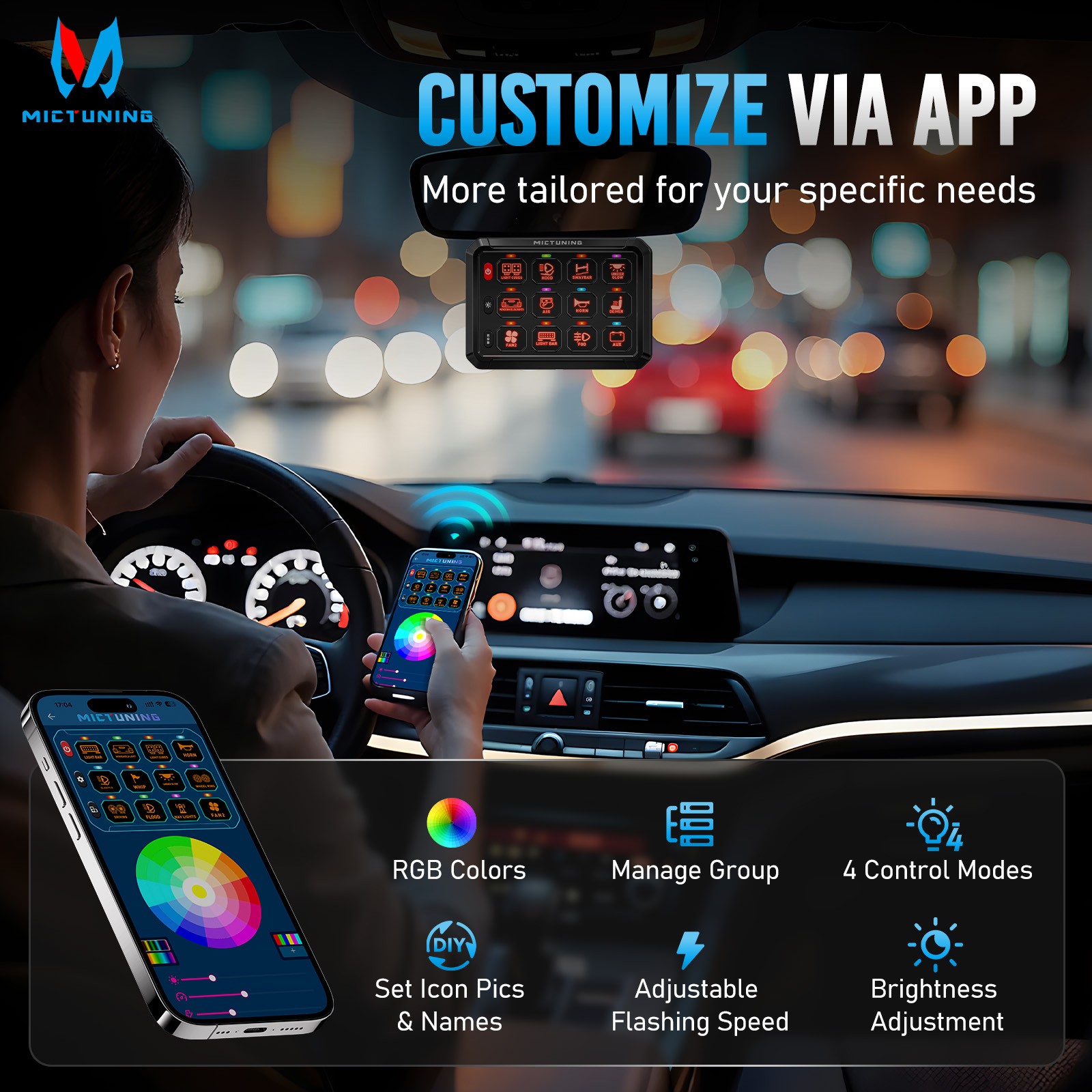 P1Y APP+Wireless Remote RGB Switch Panel LED Circuit Control Box for Car RV SUV