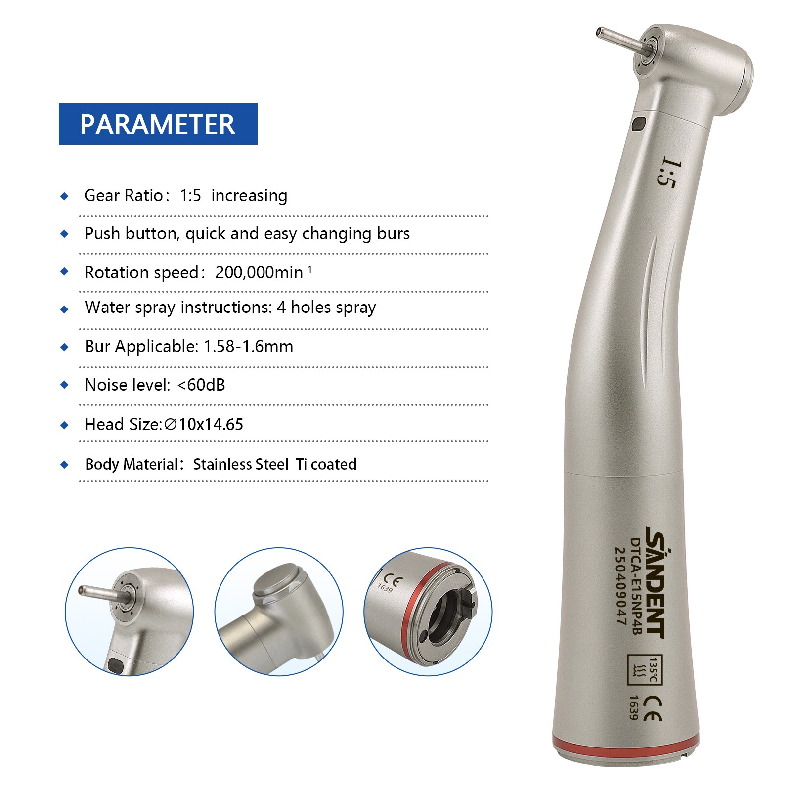1:5 LED Electric Handpiece High Speed Contra Angle TI-MAX Fit NSK X95L Z95L