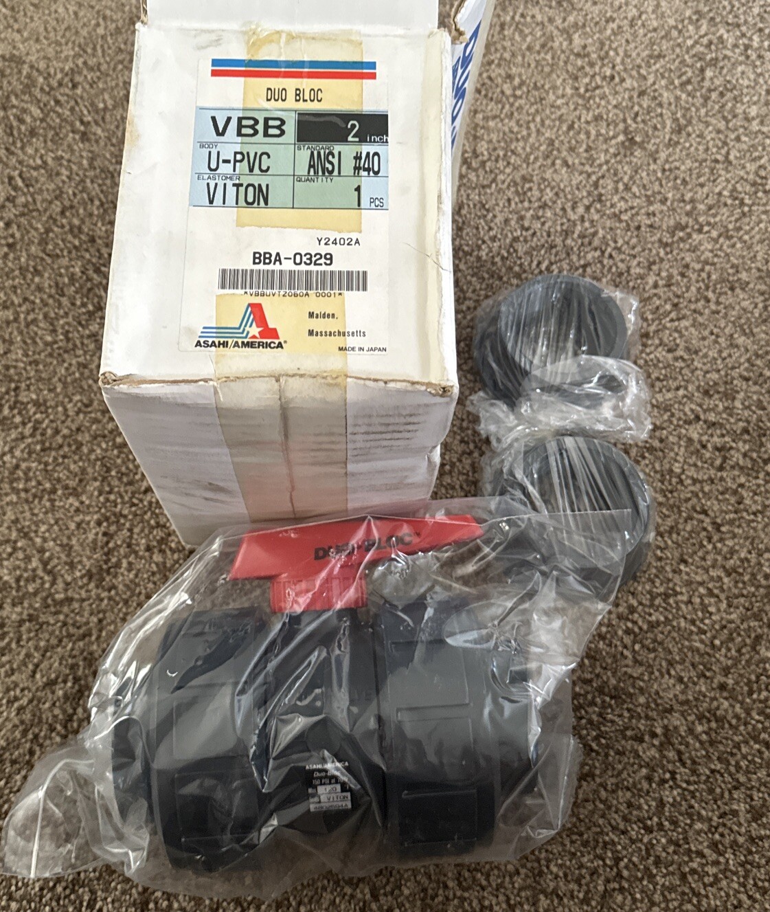 NEW ASAHI VBB DUO BLOC BALL VALVE, 2″ U-PVC, ANSI #40 VITON BBA-0329 Y2402A