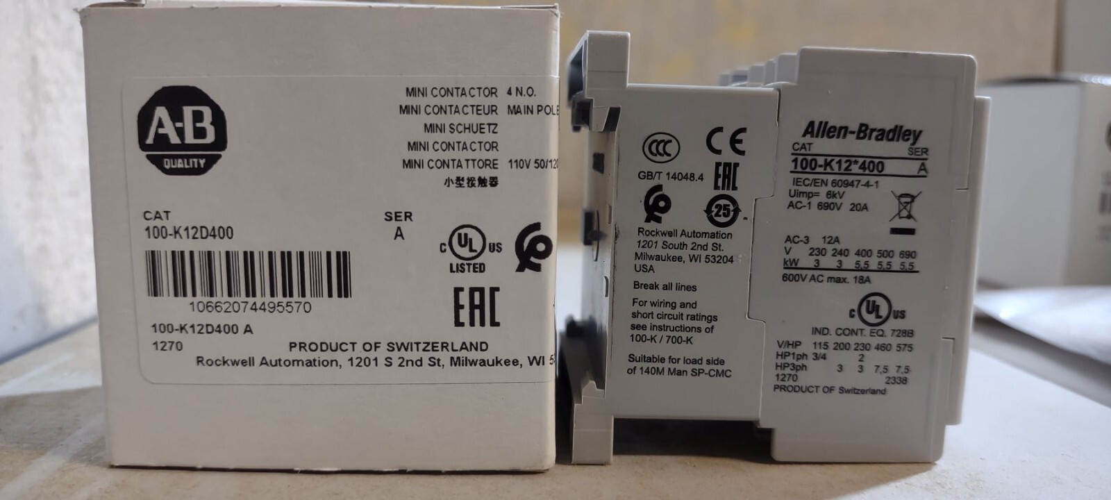 New Allen Bradley 100-K12D400 MINIATURE CONTACTOR 12 AMP 110V 50HZ / 120V 60HZ