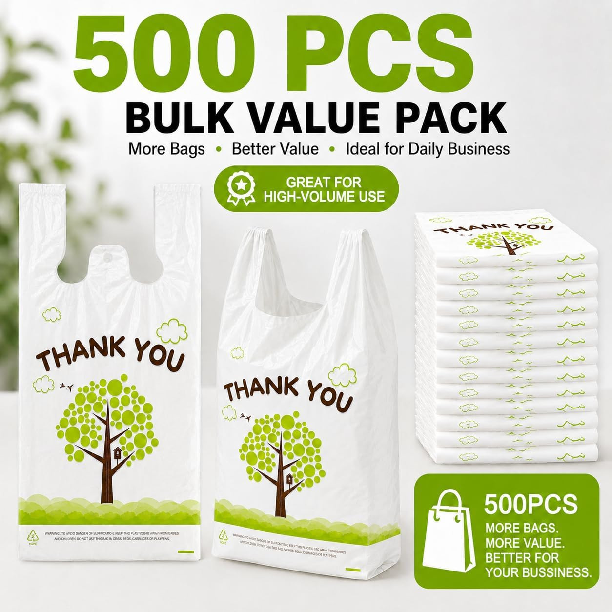 500 Count Plastic T-Shirt Bags, 11″ x 6″ x 21″, White-Green Tree, Grocery & Take