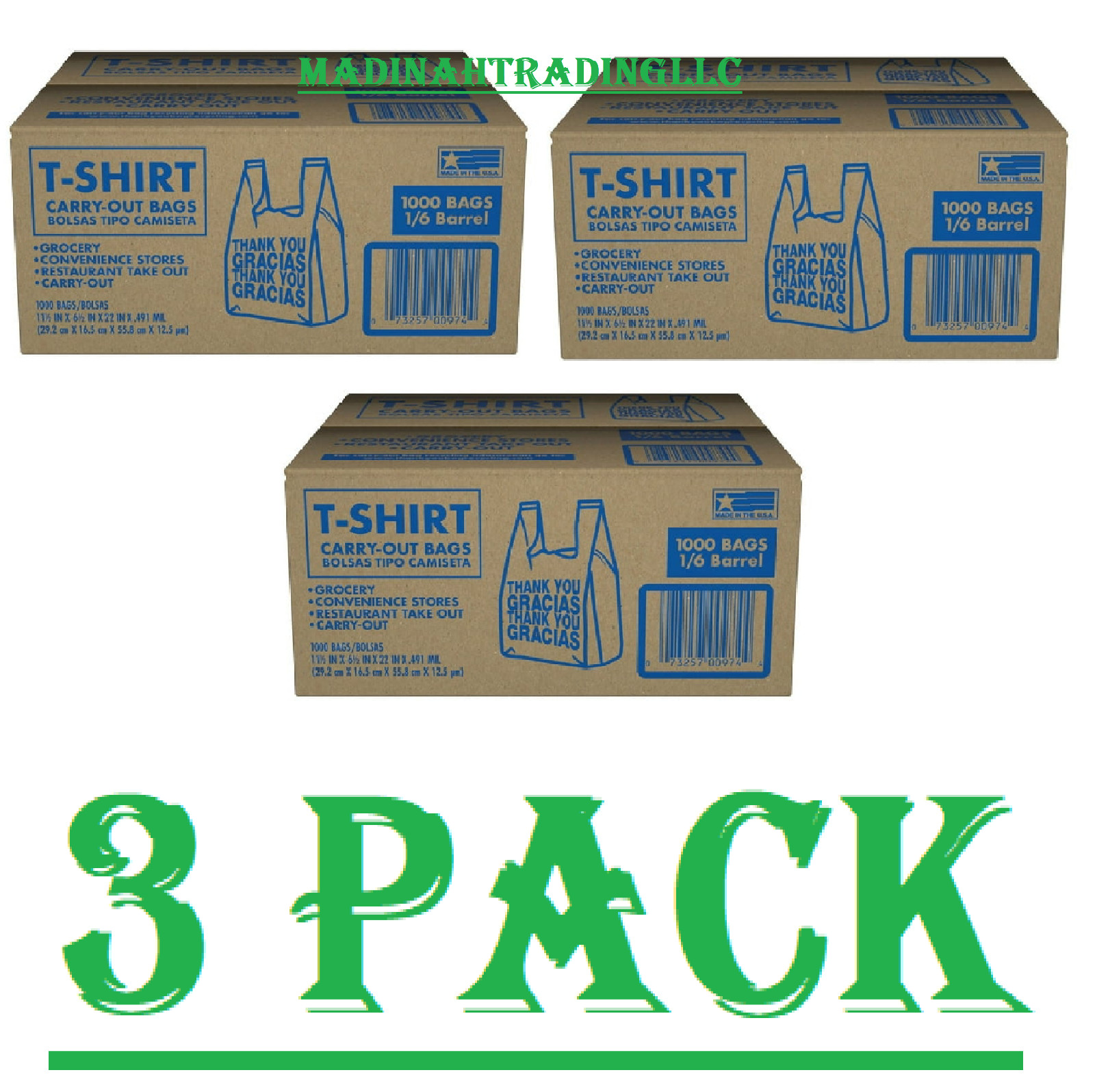 3 Pack T-Shirt Carry-Out Bags, 11.5″ x 6.5″ x 22″ (1000 ct.)