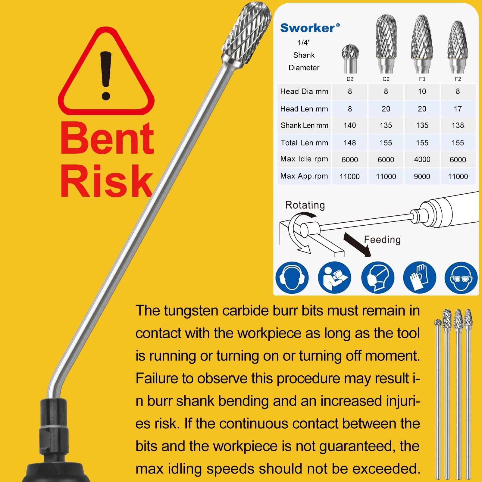 4Pcs Long Carbide Burr Set 1/4″ Shank 6.1″ Die Grinder Bits Rotary Rasp NEW