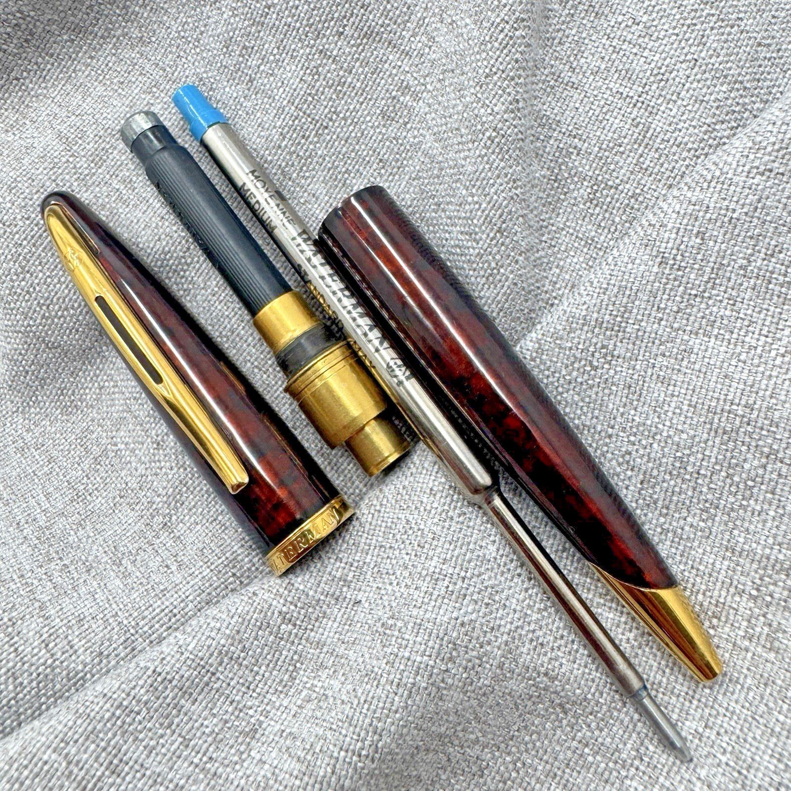 WATERMAN Carène Marine Amber Ballpoint Pen Gold Trim Blue Ink France *READ*
