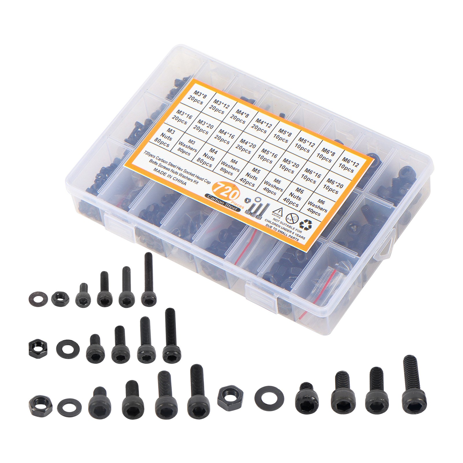 720pcs M3 M4 M5 M6 12.9 Grade Hex Socket Head Cap Screws Bolts Flat Washers Nuts