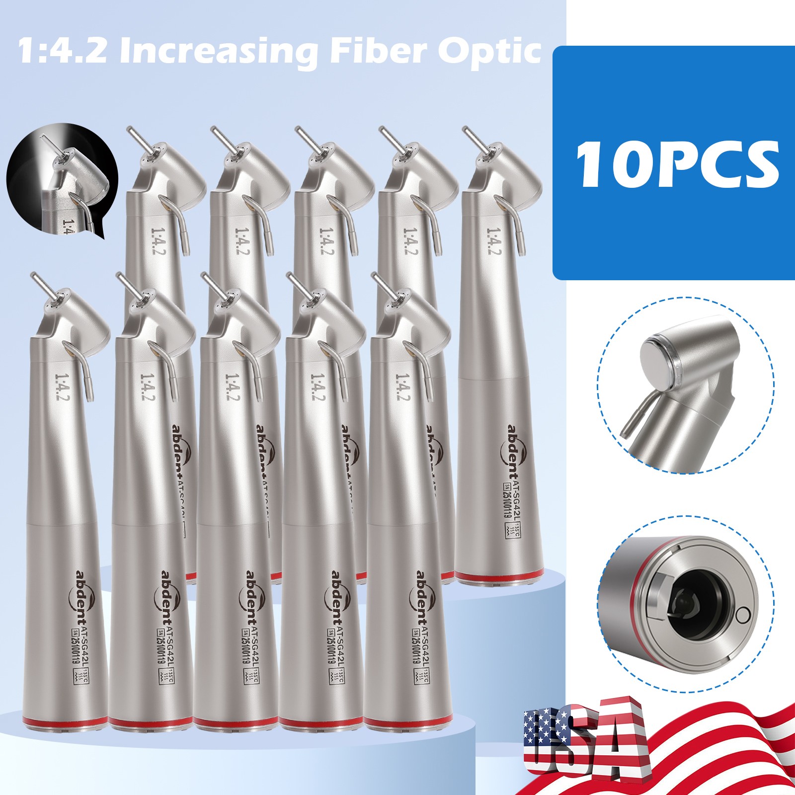 10 PCS Dental 1:4.2 LED 45°Angle Head Contra Angle Handpiece External Water