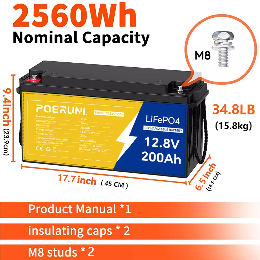 12V 200Ah Lithium LiFePO4 Battery 2560Wh Built-in BMS Deep Cycle For Solar RV