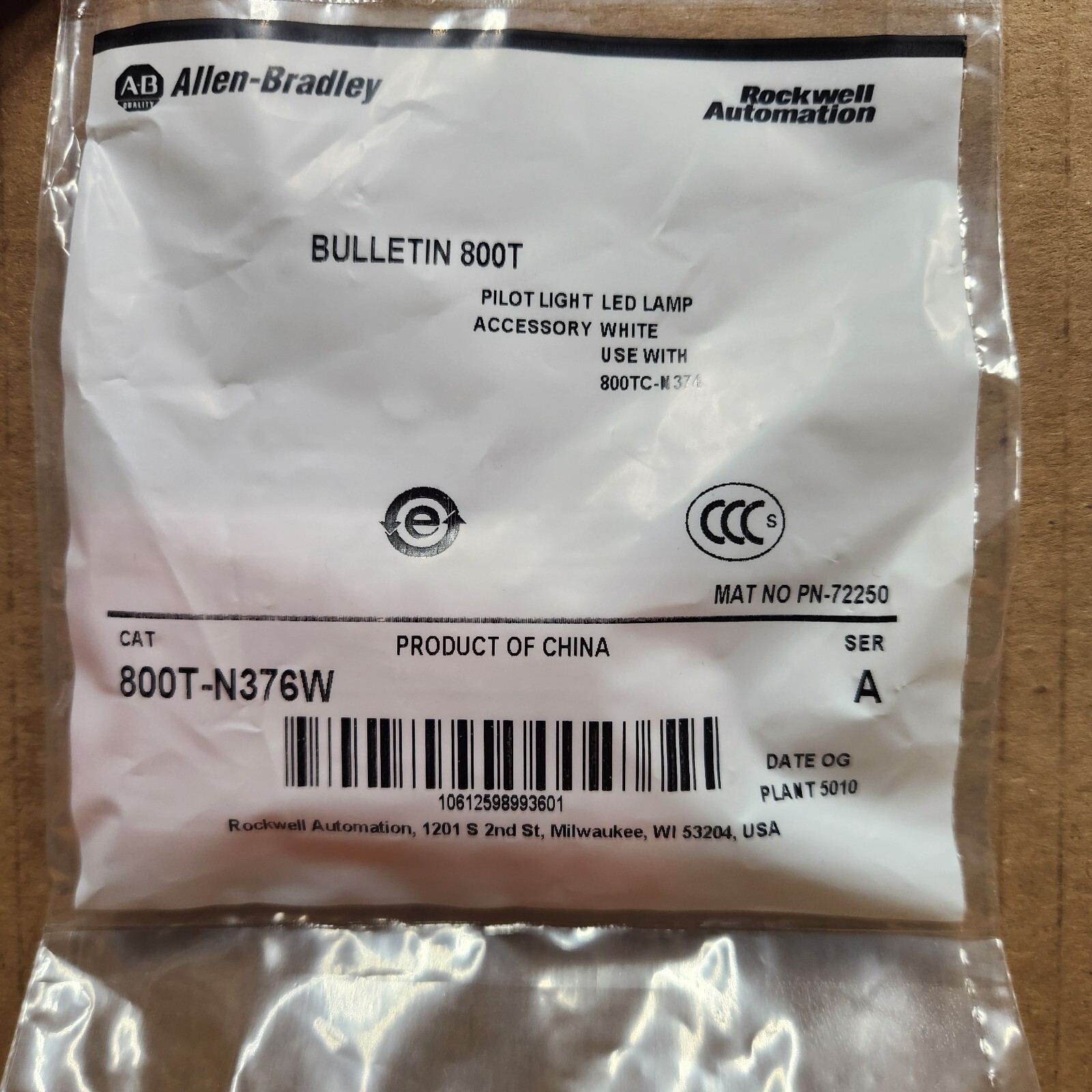 New Allen Bradley 800T-N376W | Pilot Light LED Lamp, White