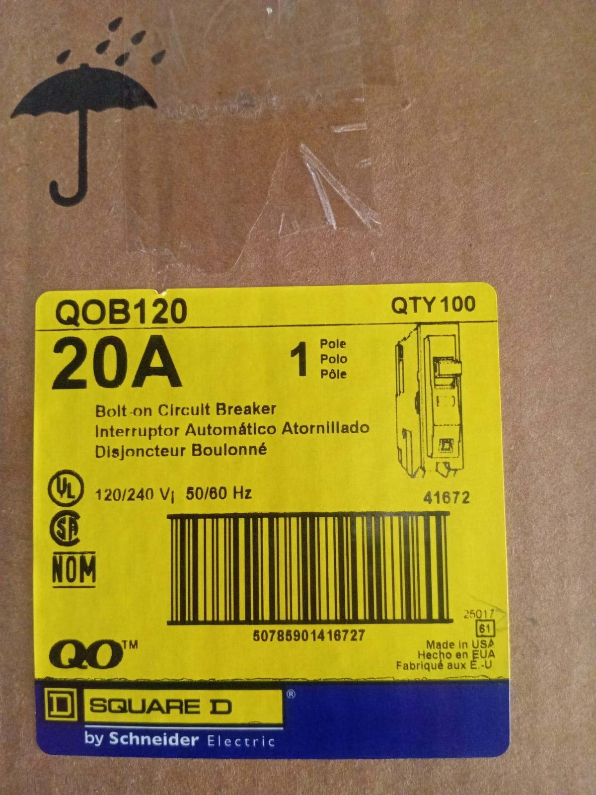 BOX OF 100 Pcs Square D QOB120 Circuit Breaker 20A 1P