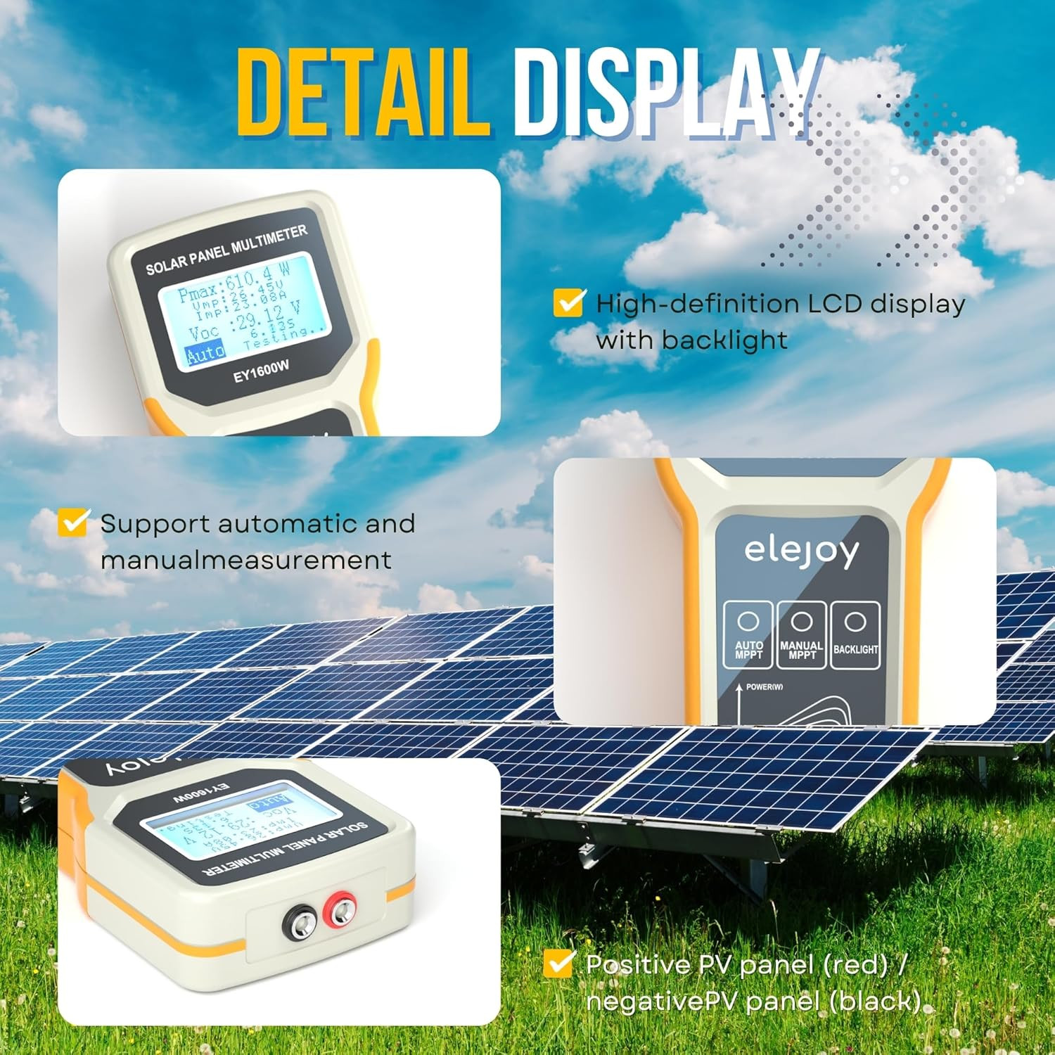 EY1600W Solar Panel Tester & Power Meter with Backlit LCD Display