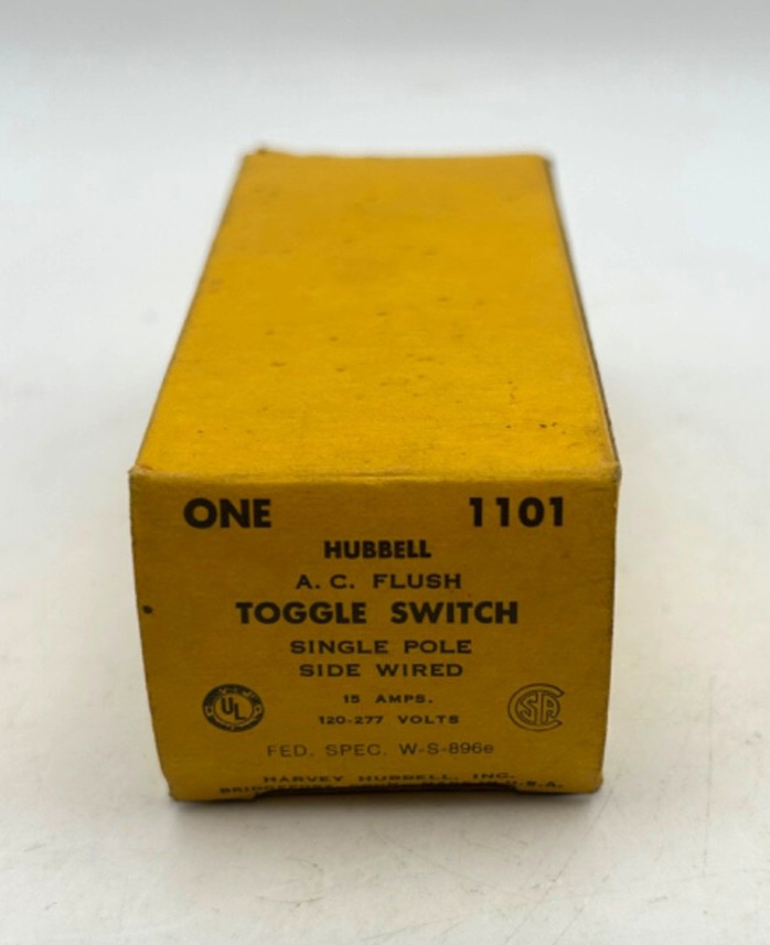 NOS Hubbell 1101 Single Pole Toggle Switch 15A 120-277V AC Flush Side Wire